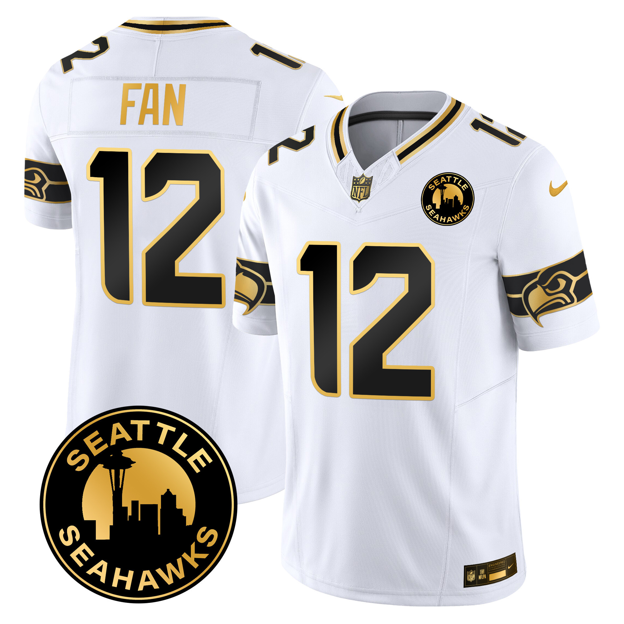 Men's 12Th Fan Seattle Seahawks 2024 Seattle City Patch Gold Vapor Limited White Gold Jersey - All Stitched