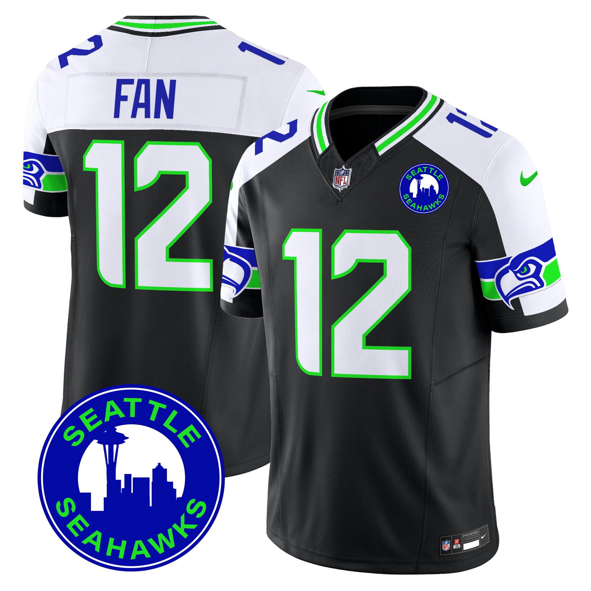 Men's 12Th Fan Seattle Seahawks 2024 Seattle City Patch Vapor Limited Black Alternate Jersey - All Stitched