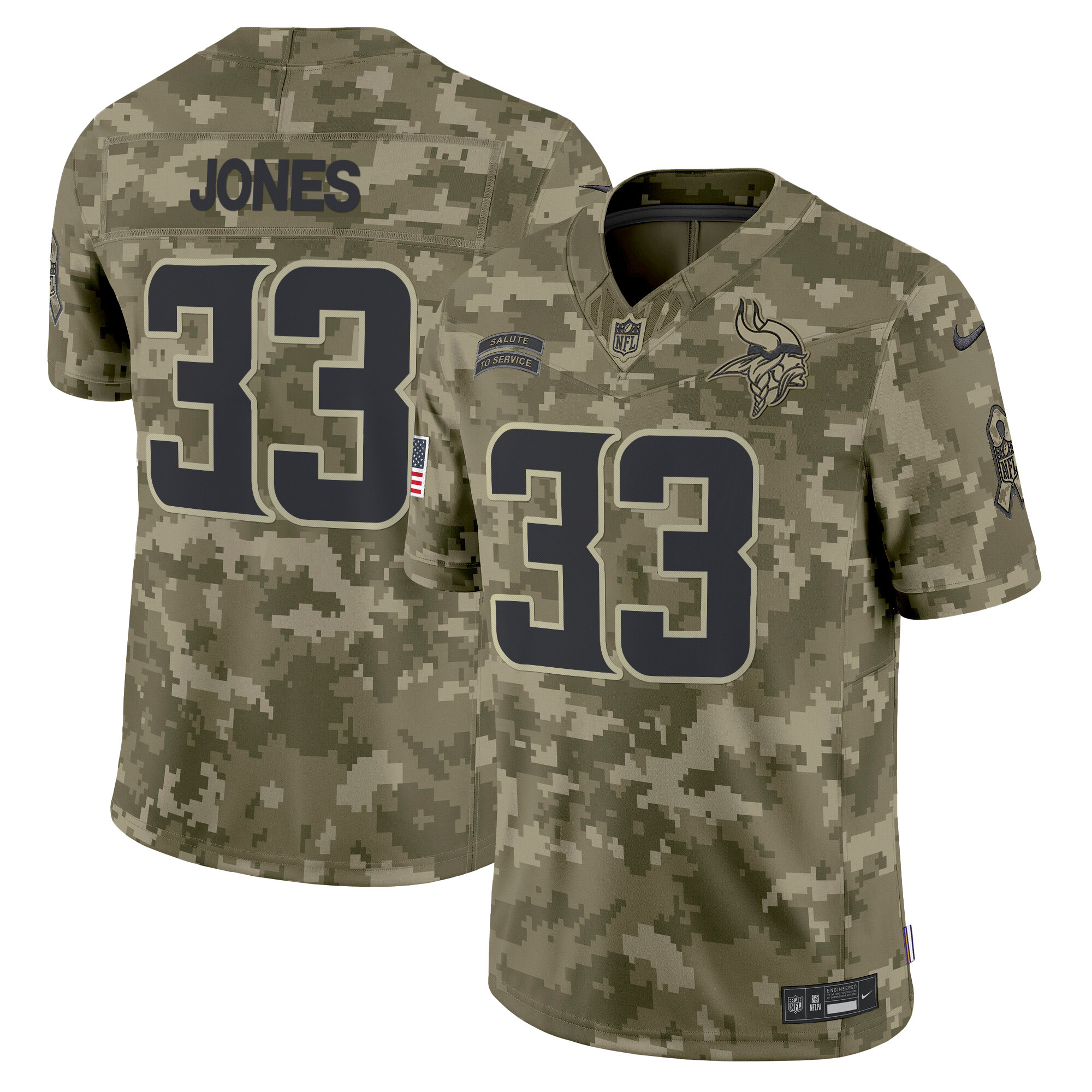 Men's Aaron Jones Minnesota Vikings 2024 Salute to Service Vapor Limited Olive Camo Jersey - All Stitched