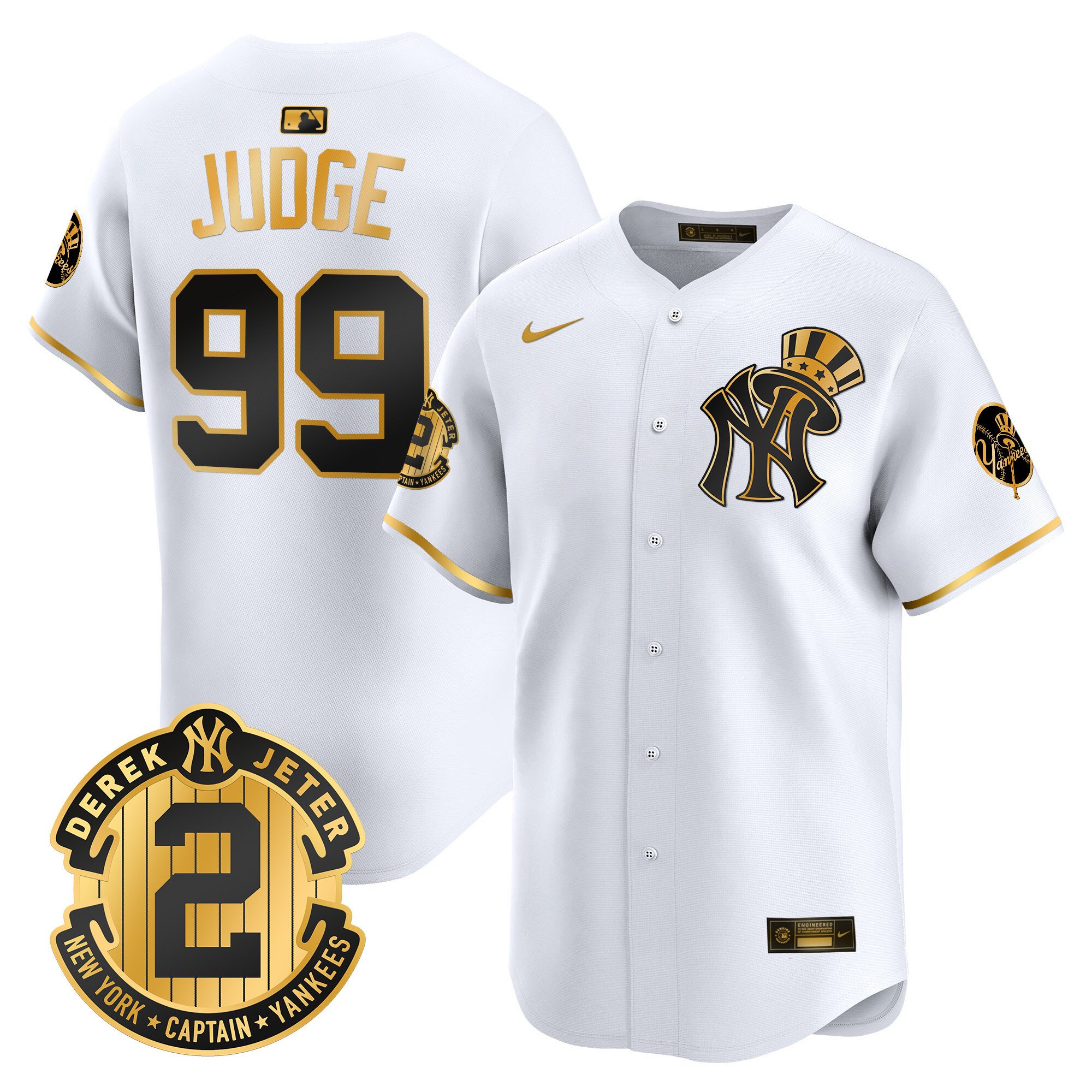 Men's Aaron Judge New York Yankees Derek Jeter Patch Vapor Premier Limited White Gold Jersey V2 - All Stitched