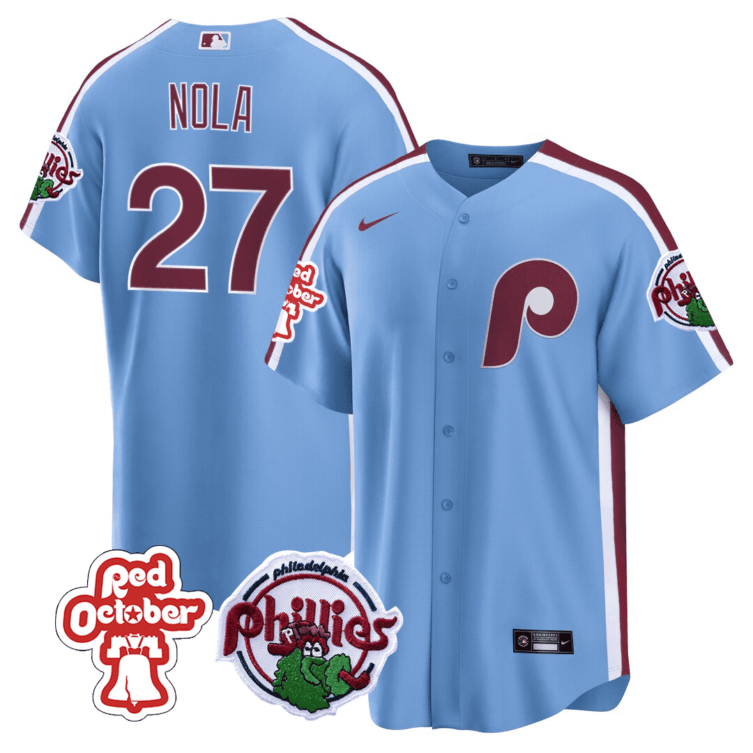 Men's Aaron Nola Philadelphia Phillies Red October Patch Cool Base Blue Jersey - All Stitched