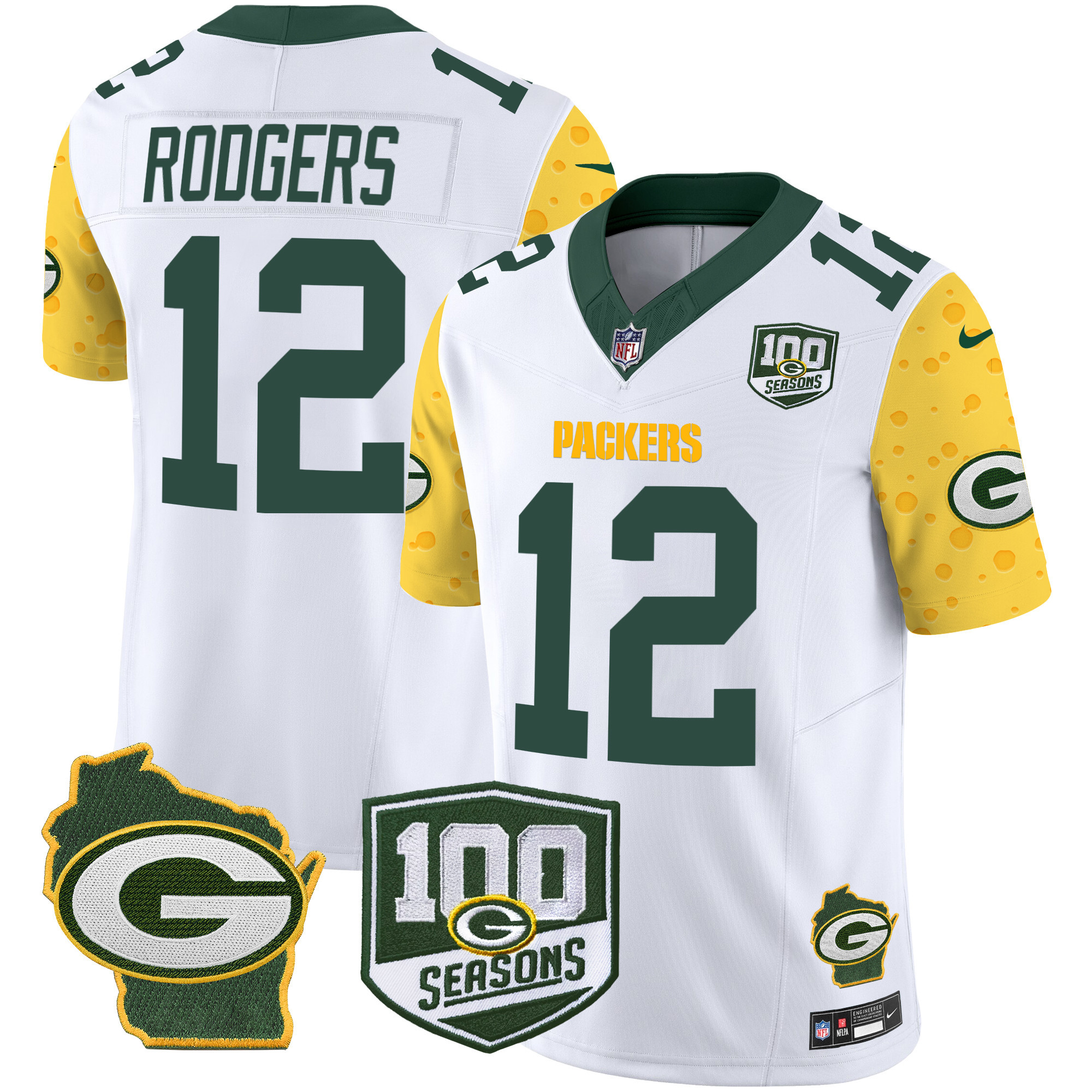 Men's Aaron Rodgers Green Bay Packers 100th Season & Home Patch Cheese Vapor Limited White Jersey â€“ All Stitched