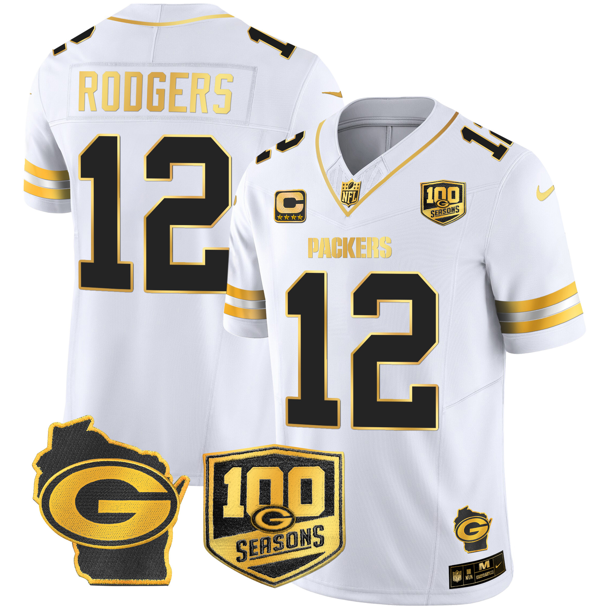 Men's Aaron Rodgers Green Bay Packers 100th Season & Home Patch Gold Vapor Limited White Gold Jersey â€“ All Stitched