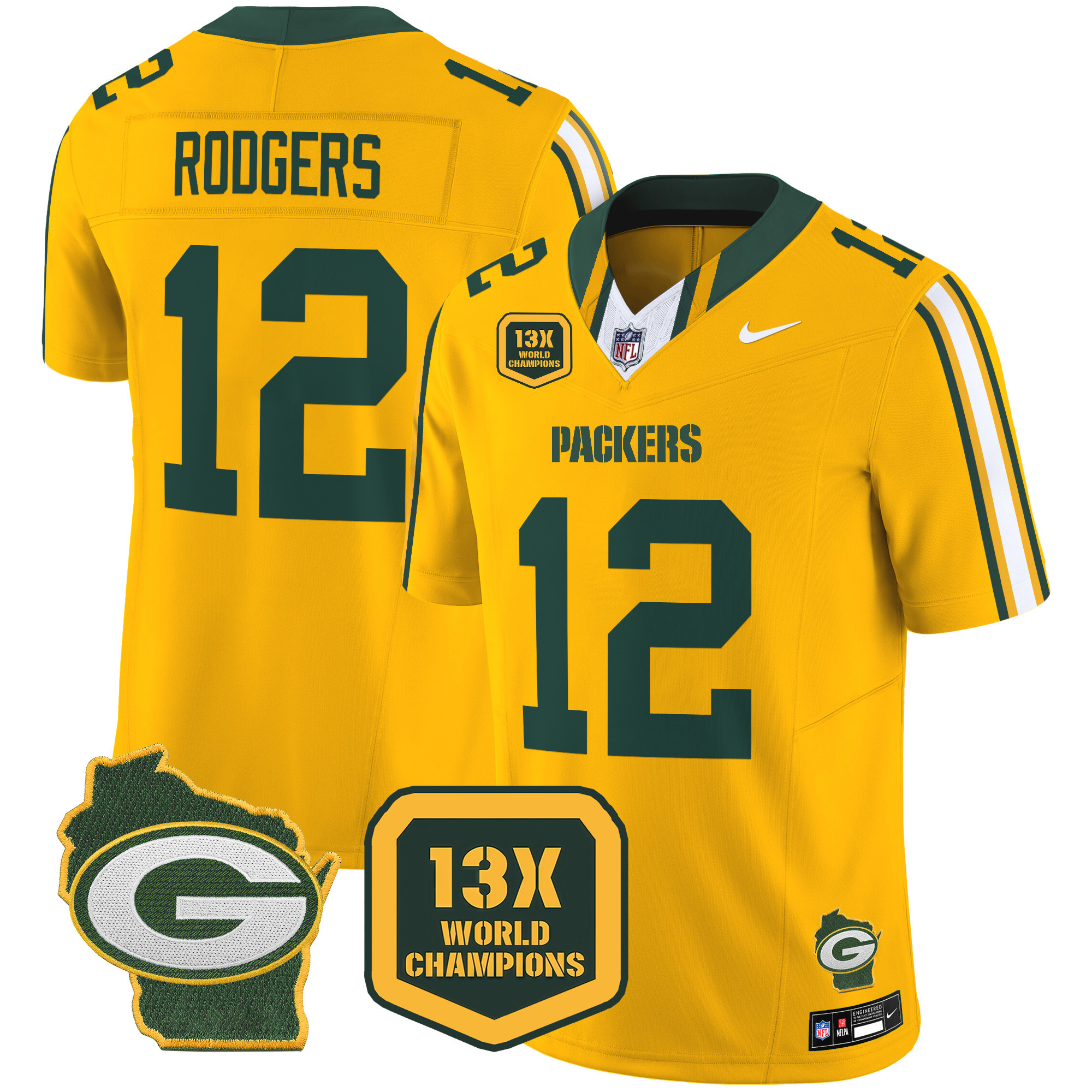 Men's Aaron Rodgers Green Bay Packers 13 Time World Champions & Home Patch Vapor Limited Gold Jersey â€“ All Stitched