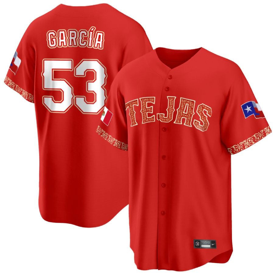 Men's Adolis GarcÃŒa Texas Rangers Mexican Heritage Night Cool Base Jersey Ã± All Stitched