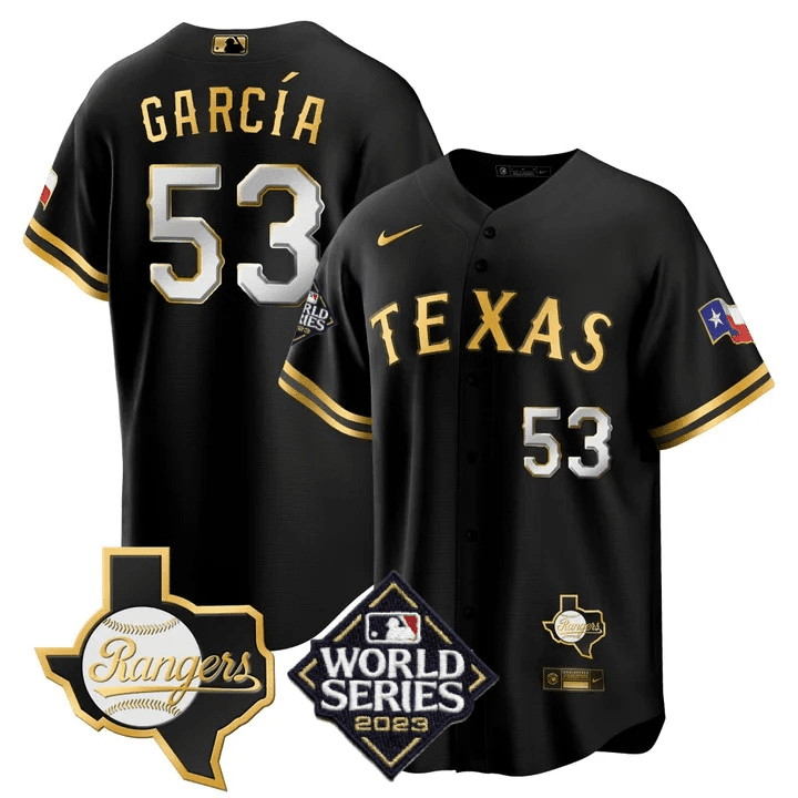 Men's Adolis Garcia Texas Rangers 2023 World Series & Texas State Patch Cool Base Gold Black Gold Jersey V2 Ã± All Stitched