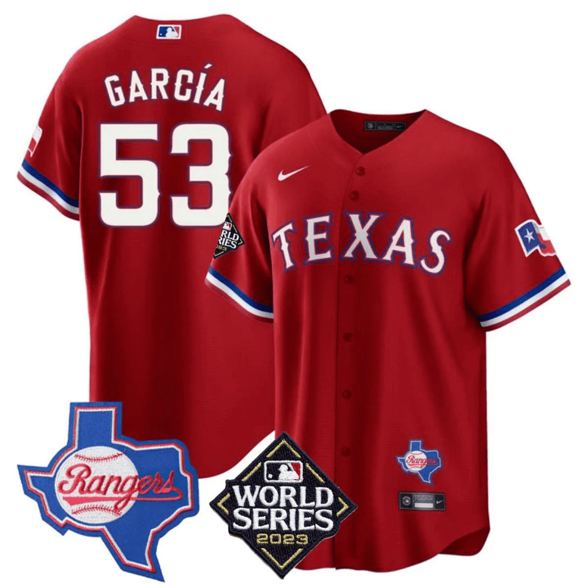 Men's Adolis Garcia Texas Rangers 2023 World Series & Texas State Patch Cool Base Gold Red Jersey V2 Ã± All Stitched