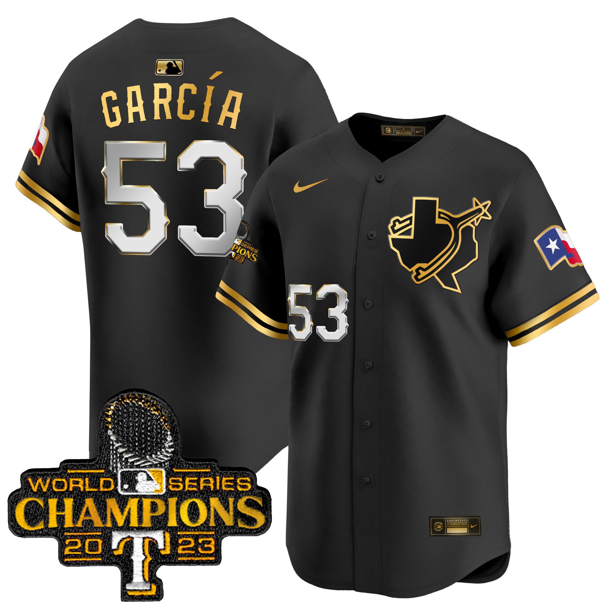 Men's Adolis Garcia Texas Rangers World Series Champions Vapor Premier Limited Black Gold Jersey V3 - All Stitched