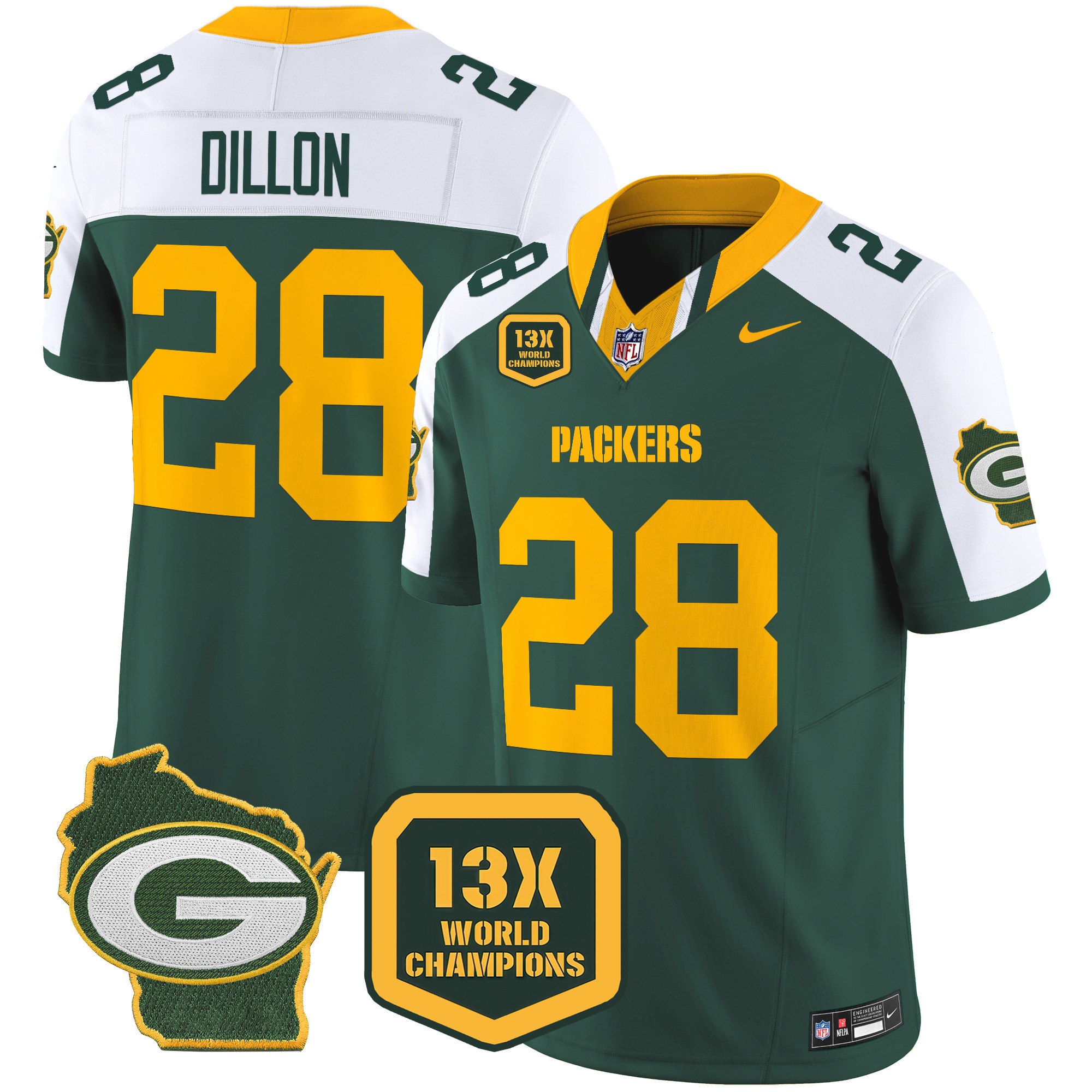 Men's AJ Dillon Green Bay Packers 13 Time World Champions & Home Patch Vapor Limited Alternate Jersey â€“ All Stitched