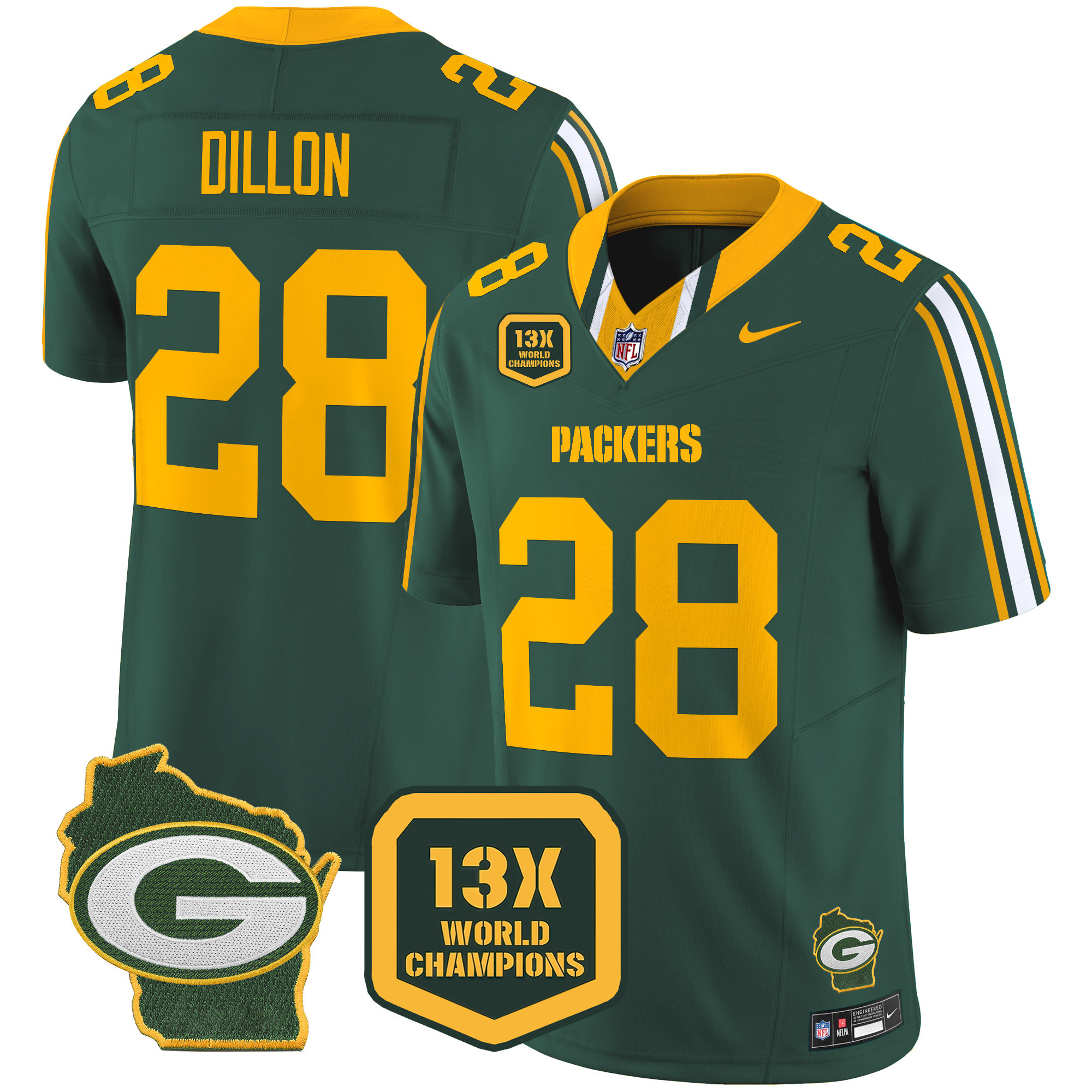Men's AJ Dillon Green Bay Packers 13 Time World Champions & Home Patch Vapor Limited Green Jersey â€“ All Stitched