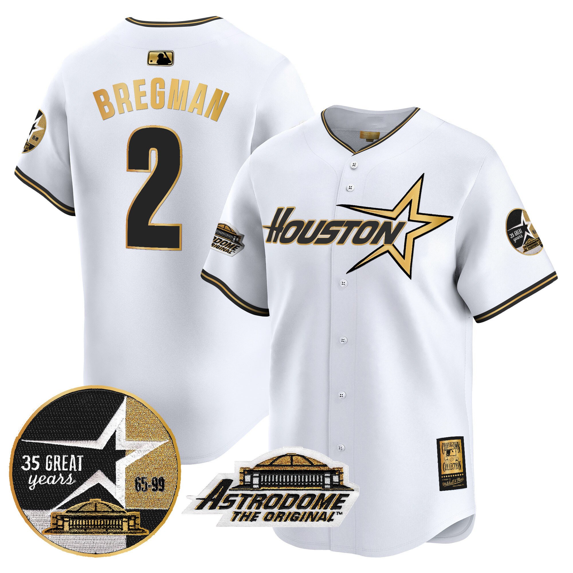 Men's Alex Bregman Houston Astros 1999 Throwback 35th & Astrodome Patch Vapor Premier Limited White Gold Jersey V2 - All Stitched