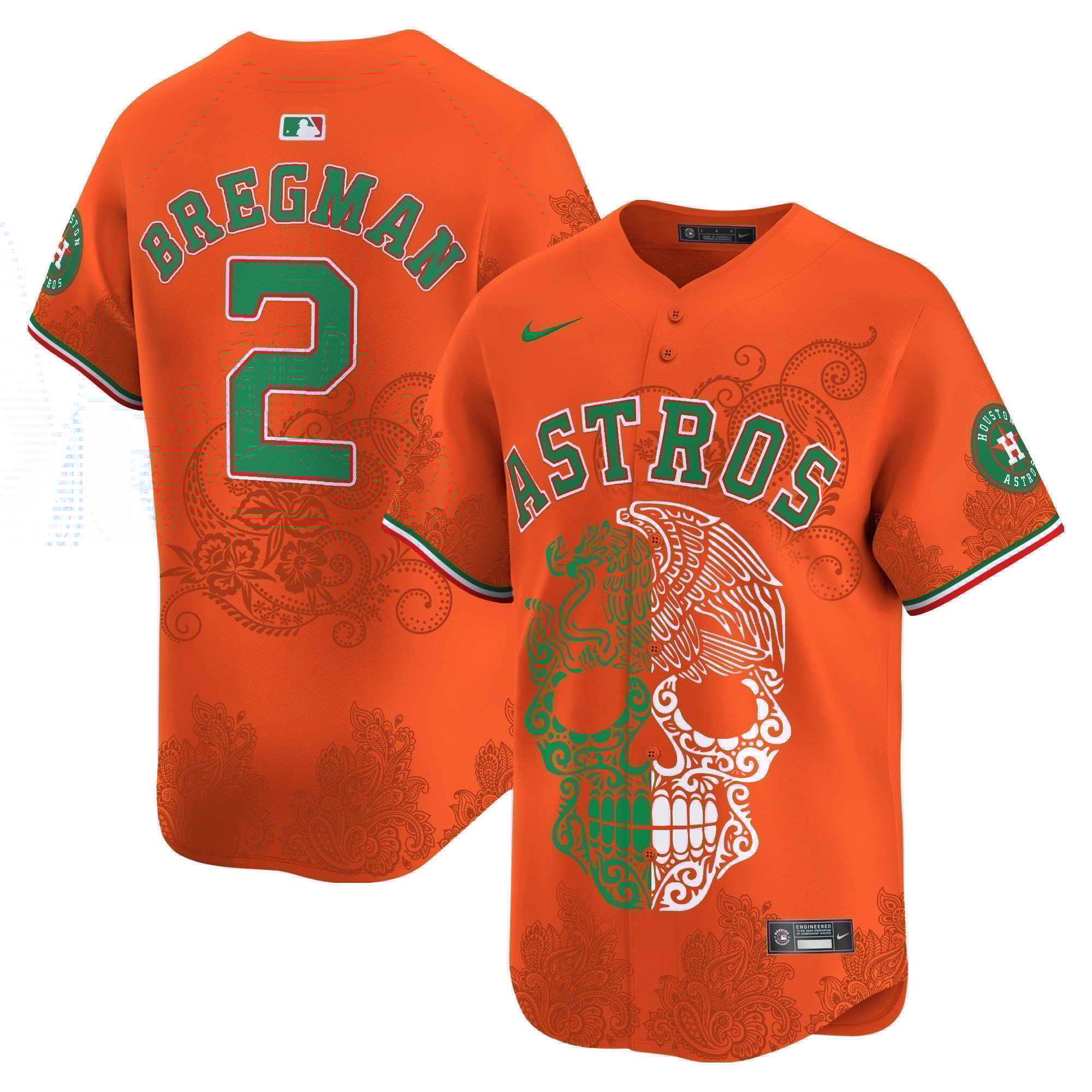 Men's Alex Bregman Houston Astros Aztec Warrior Skull Vapor Limited Orange Jersey - Printed