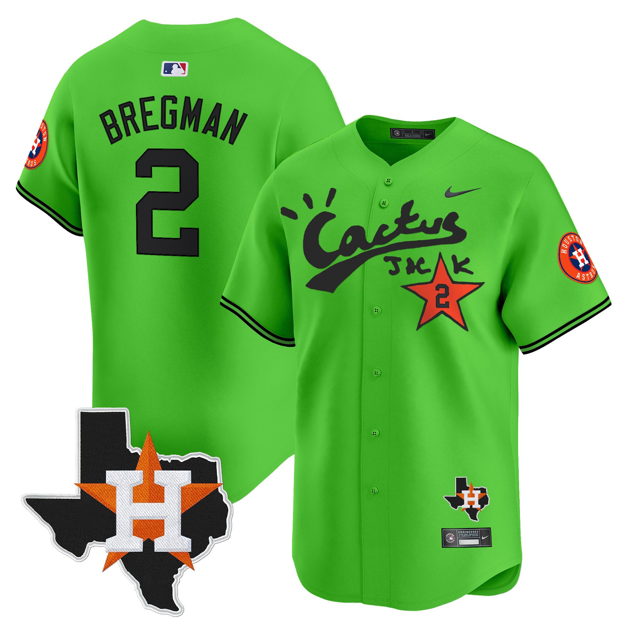 Men's Alex Bregman Houston Astros Cactus Jack Patch Vapor Premier Limited Green Jersey V11 - Stitched