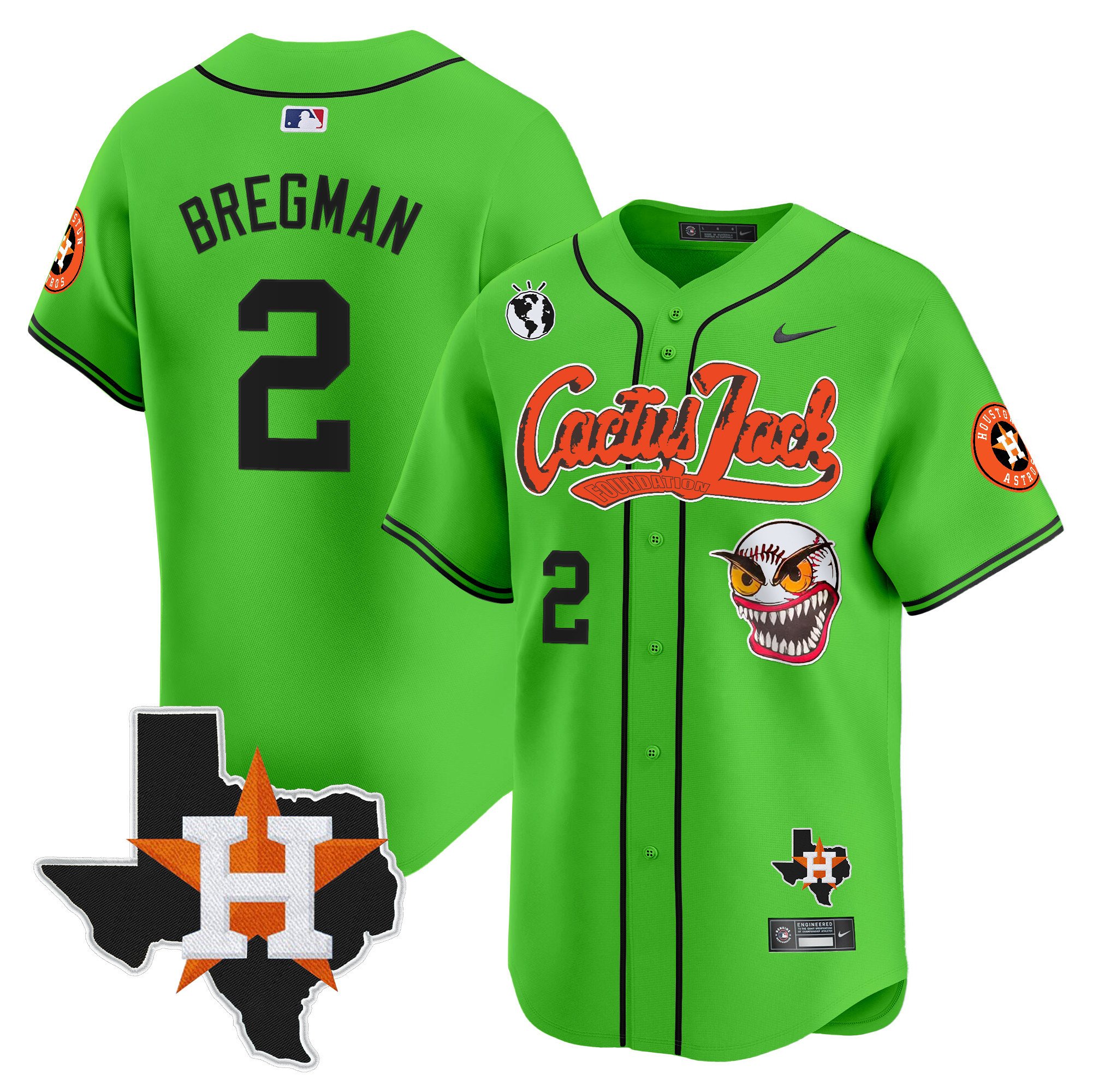 Men's Alex Bregman Houston Astros Cactus Jack Patch Vapor Premier Limited Green Jersey V12 - Stitched