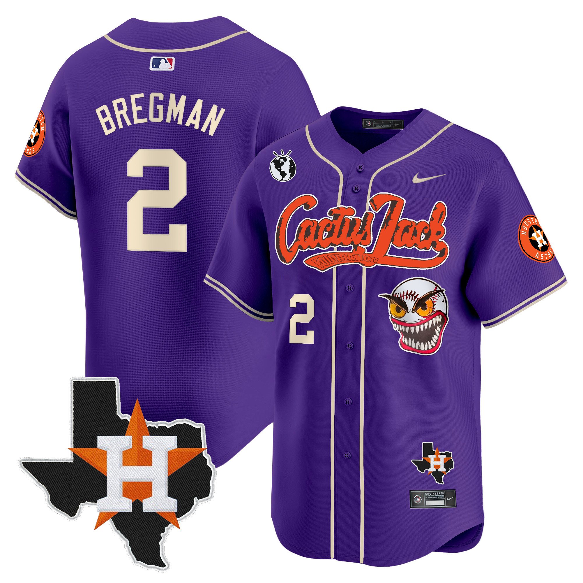 Men's Alex Bregman Houston Astros Cactus Jack Patch Vapor Premier Limited Purple Jersey V12 - Stitched