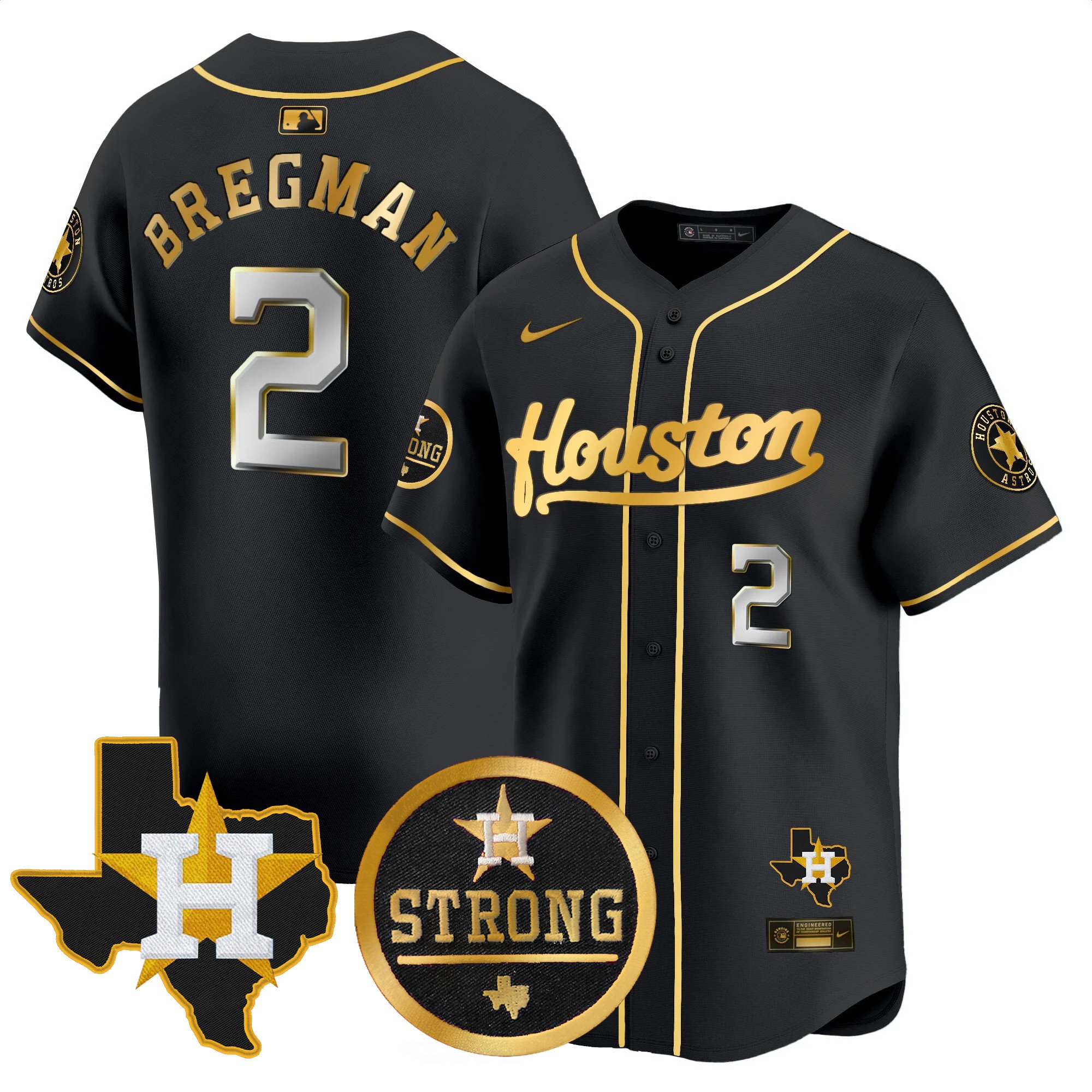 Men's Alex Bregman Houston Astros "Houston Strong" Patch Vapor Premier Limited Black Gold Jersey - All Stitched