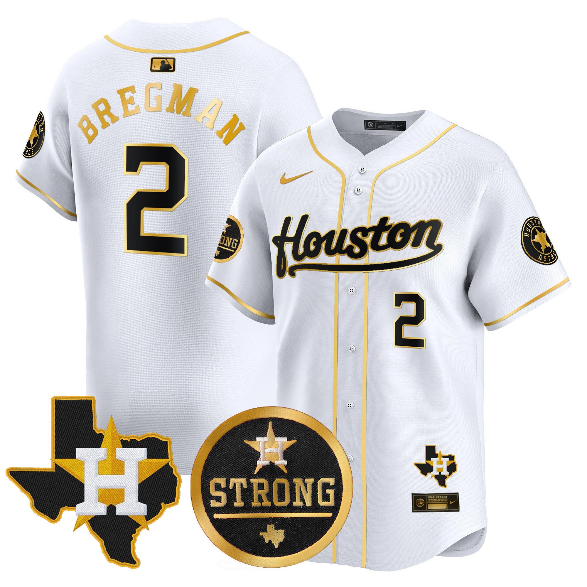 Men's Alex Bregman Houston Astros "Houston Strong" Patch Vapor Premier Limited White Gold Jersey - All Stitched