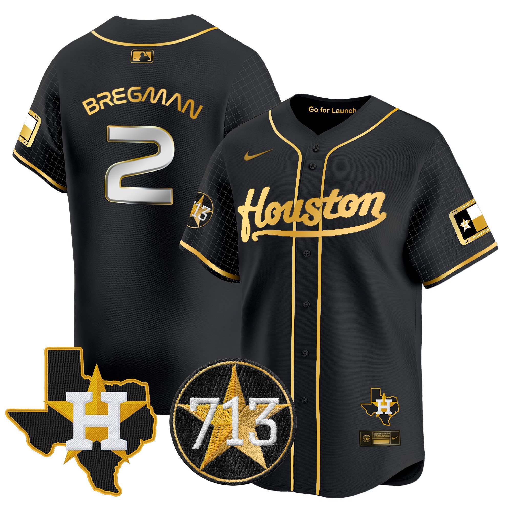 Men's Alex Bregman Houston Astros Space City 713 Patch Vapor Premier Limited Black Gold Jersey - All Stitched