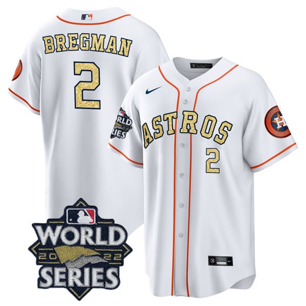Men's Alex Bregman Houston Astros White Gold 2022 World Series Cool Base Jersey Ã± All Stitched
