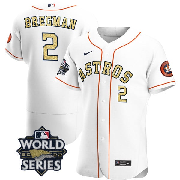 Men's Alex Bregman Houston Astros White Gold 2022 World Series Flex Base Jersey Ã± All Stitched