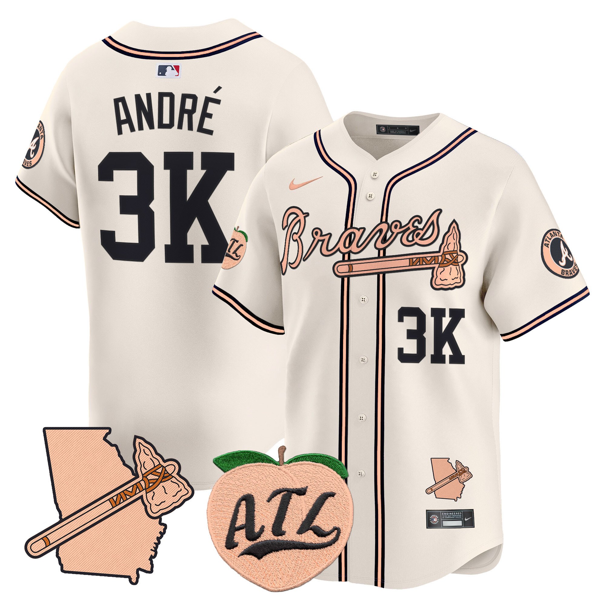 Men's AndrÃˆ Atlanta Braves Peach Vapor Premier Limited Cream Jersey - All Stitched