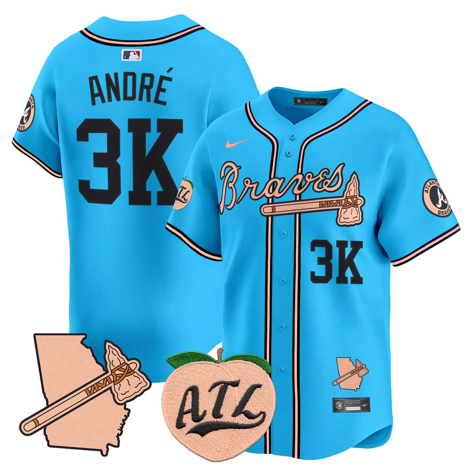 Men's AndrÃˆ Atlanta Braves Peach Vapor Premier Limited Light Blue Jersey - All Stitched