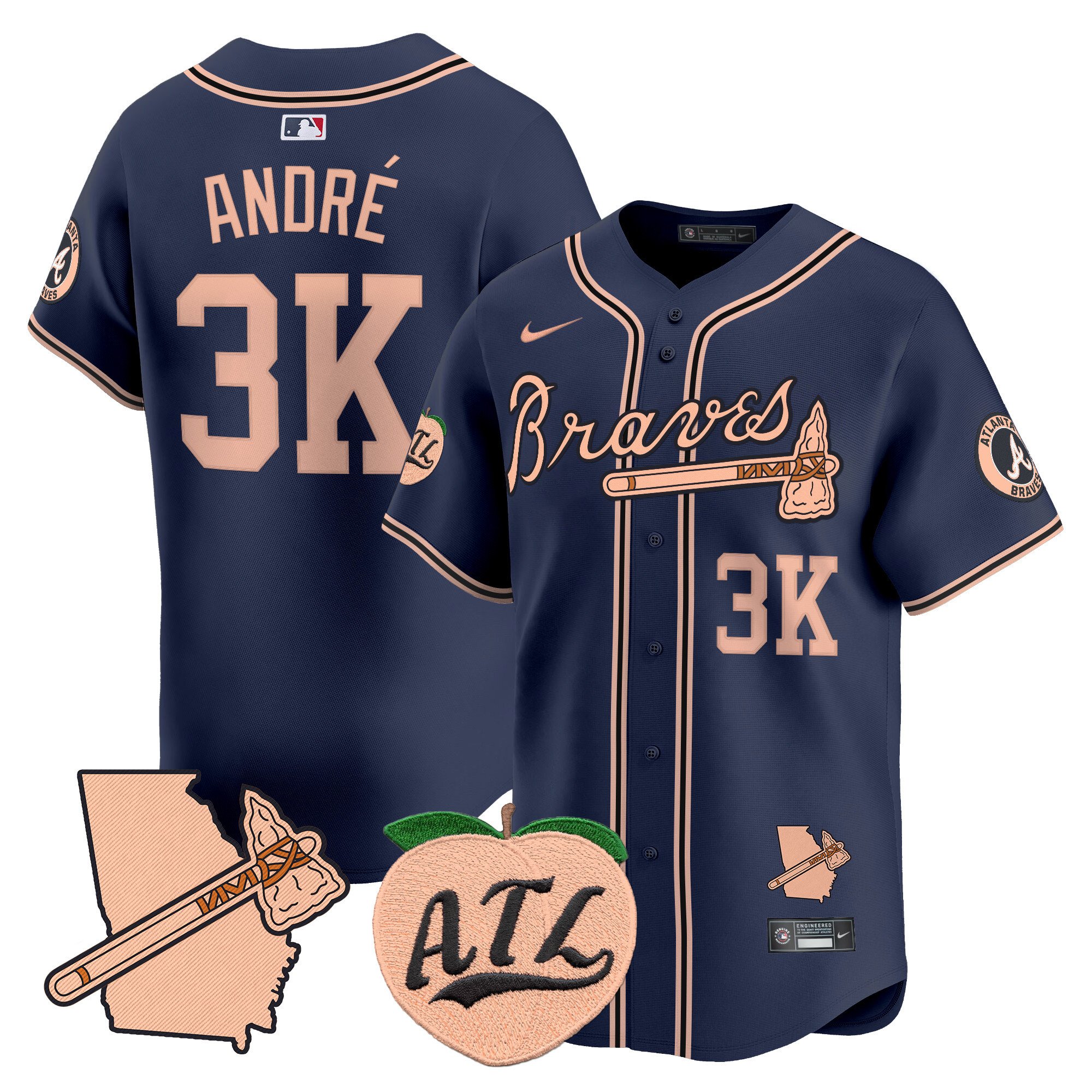 Men's AndrÃˆ Atlanta Braves Peach Vapor Premier Limited Navy Jersey - All Stitched