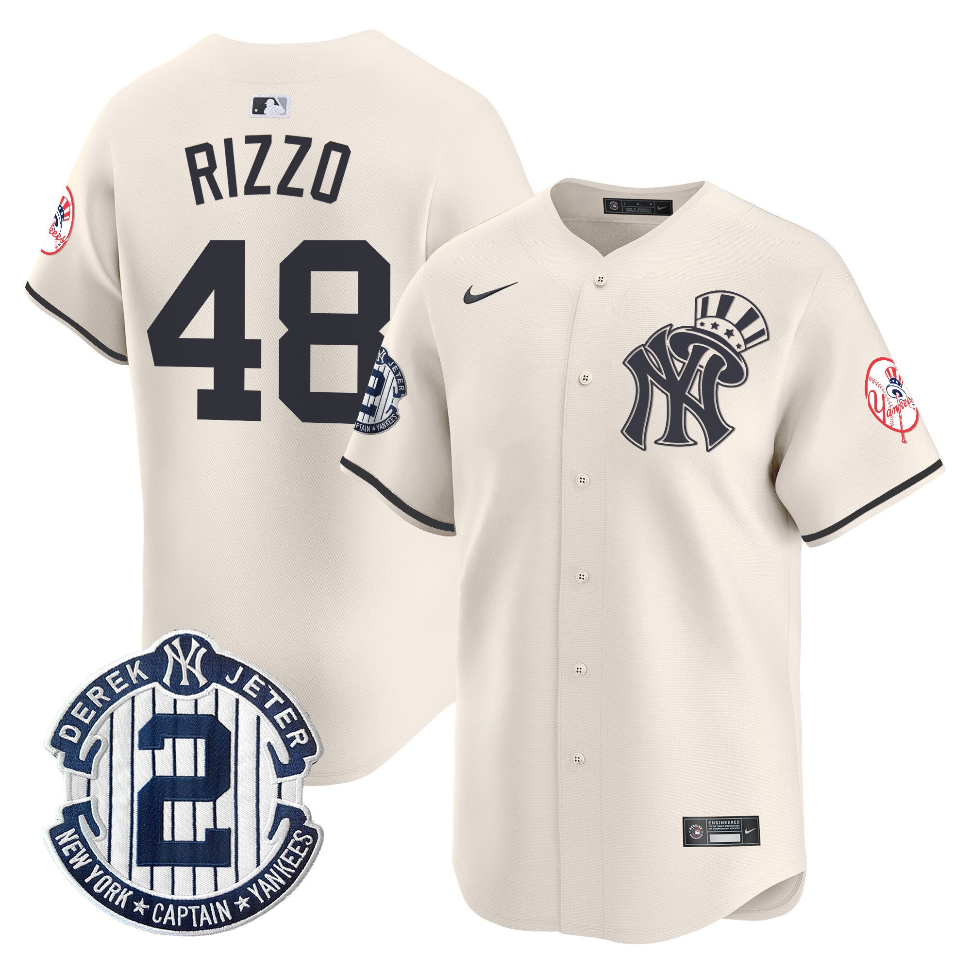 Men's Anthony Rizzo New York Yankees Derek Jeter Patch Vapor Premier Limited Cream Jersey V2 - All Stitched
