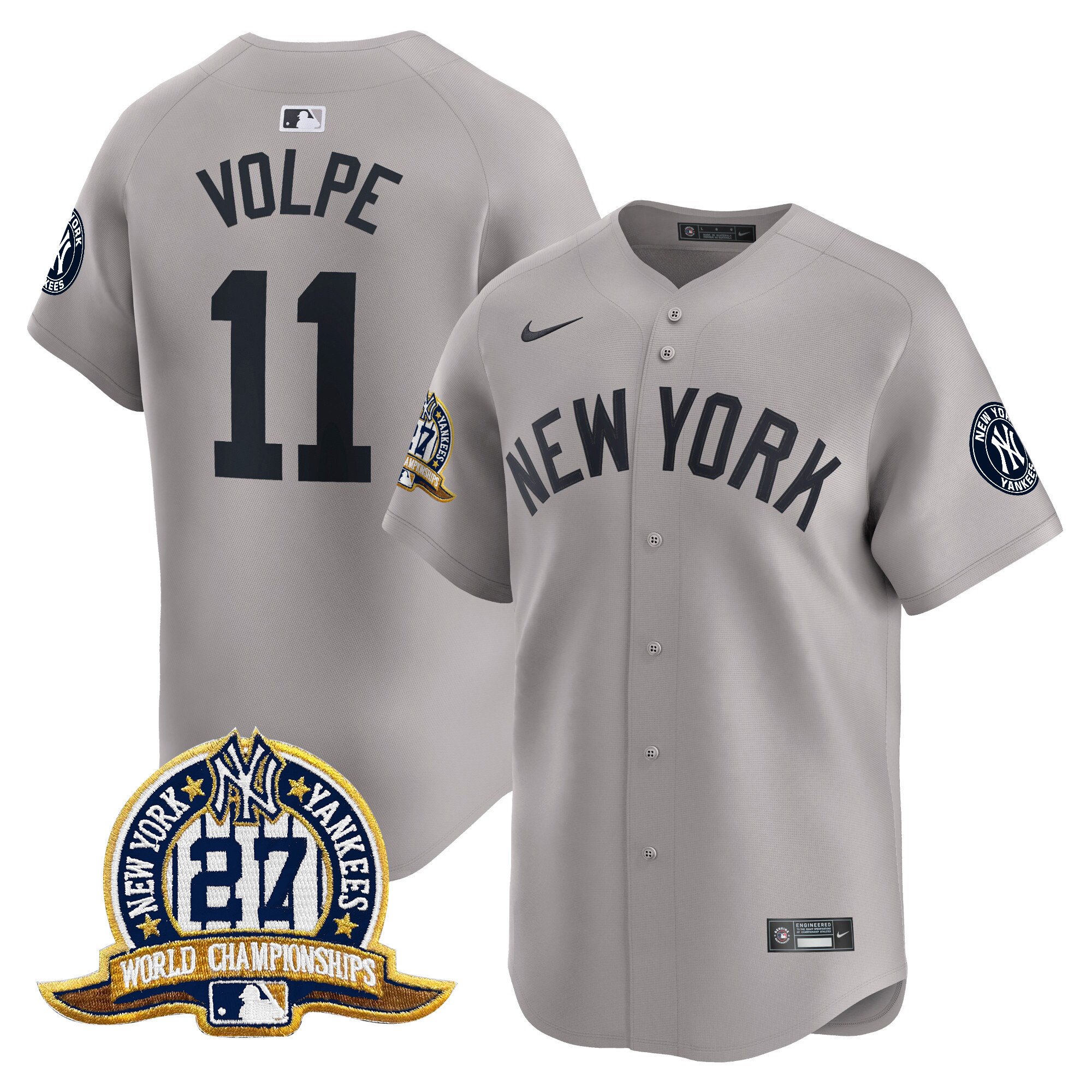 Men's Anthony Volpe New York Yankees 27 Time Champions Patch Vapor Premier Limited Gray Jersey - All Stitched
