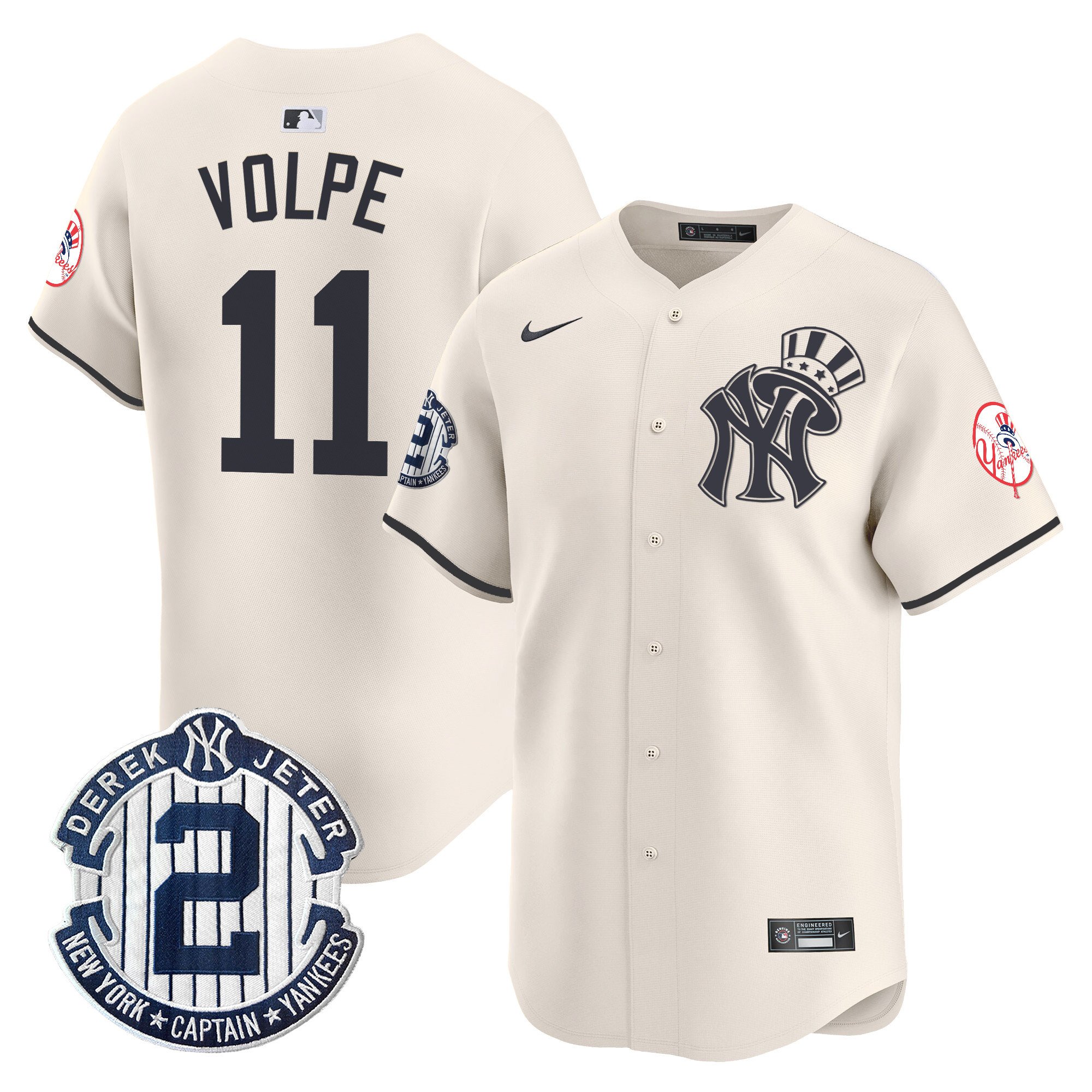 Men's Anthony Volpe New York Yankees Derek Jeter Patch Vapor Premier Limited Cream Jersey V2 - All Stitched
