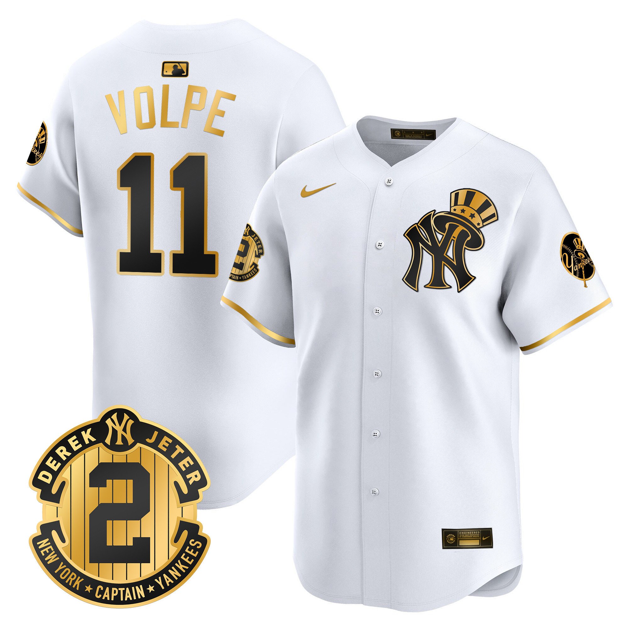 Men's Anthony Volpe New York Yankees Derek Jeter Patch Vapor Premier Limited White Gold Jersey V2 - All Stitched