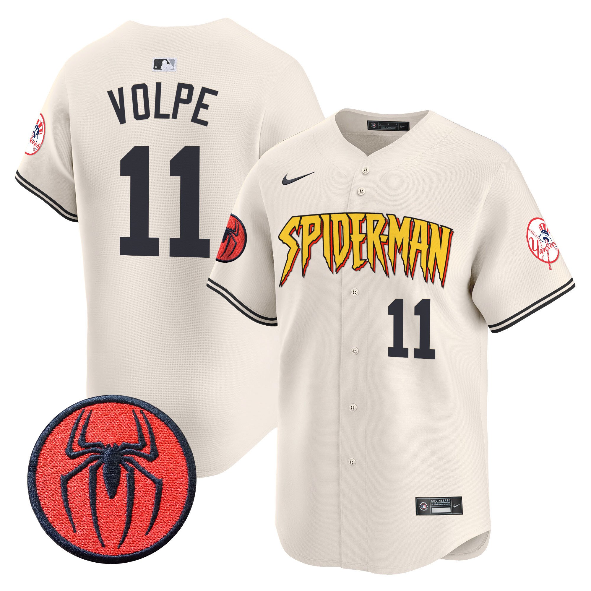 Men's Anthony Volpe New York Yankees Spider-Man Vapor Premier Limited Cream Jersey - All Stitched