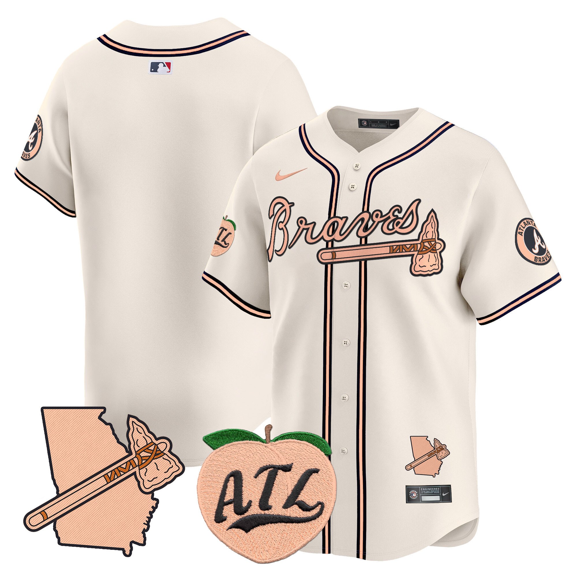 Men's Atlanta Braves Peach Vapor Premier Limited Cream Jersey - All Stitched