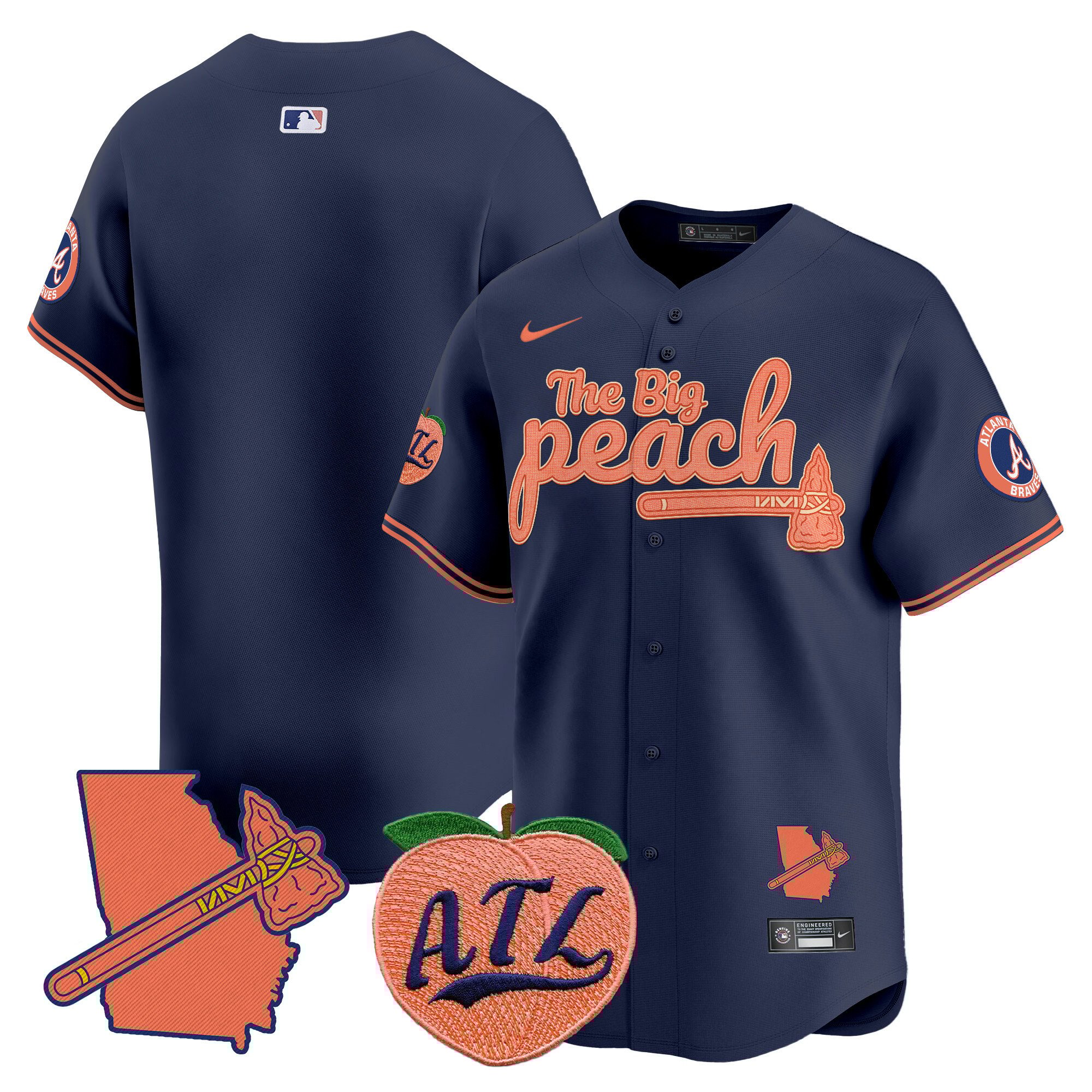 Men's Atlanta Braves The Big Peach Vapor Premier Limited Navy Jersey V2 - All Stitched