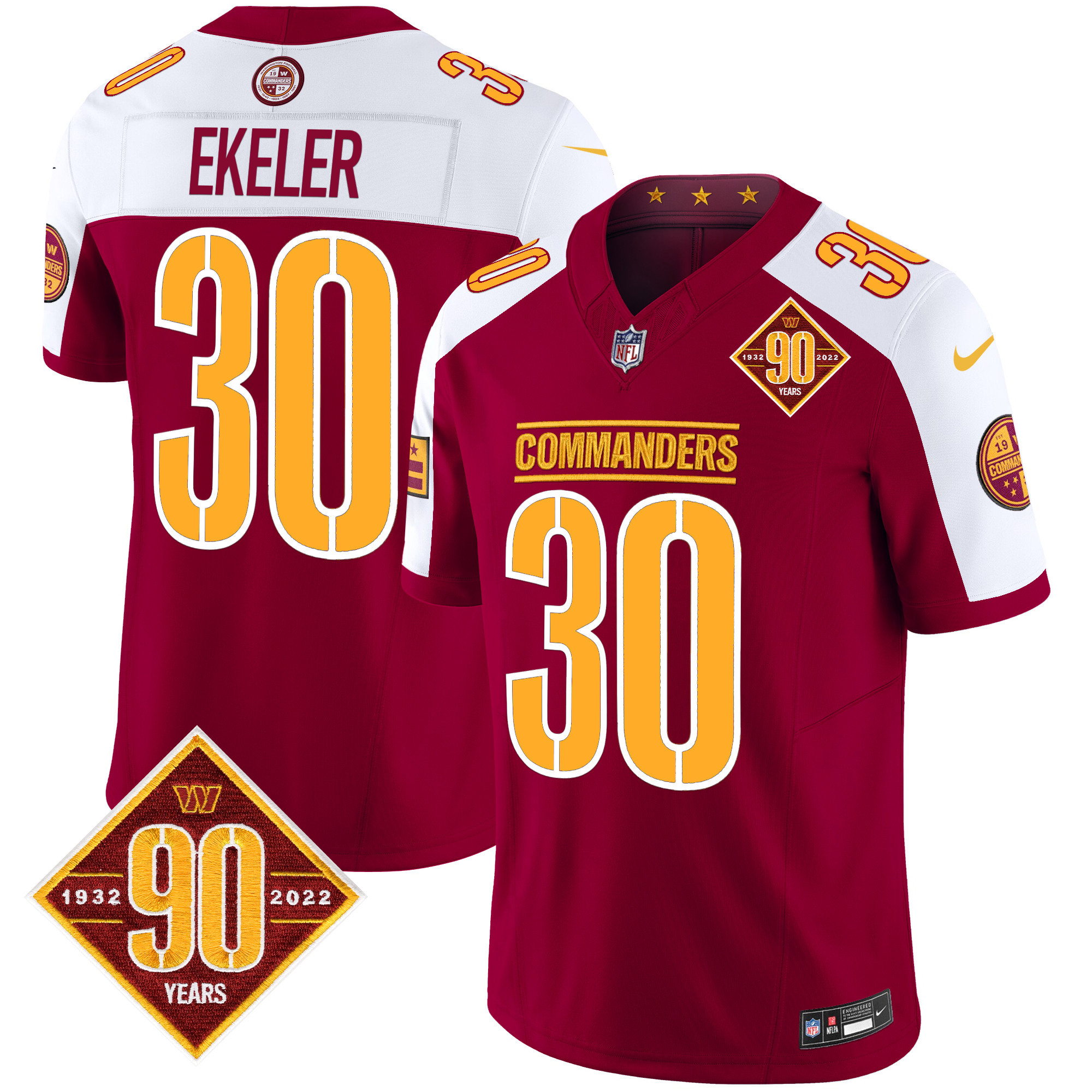 Men's Austin Ekeler Washington Commanders 90th Anniversary Patch Vapor Limited Burgundy Alternate Jersey - All Stitched