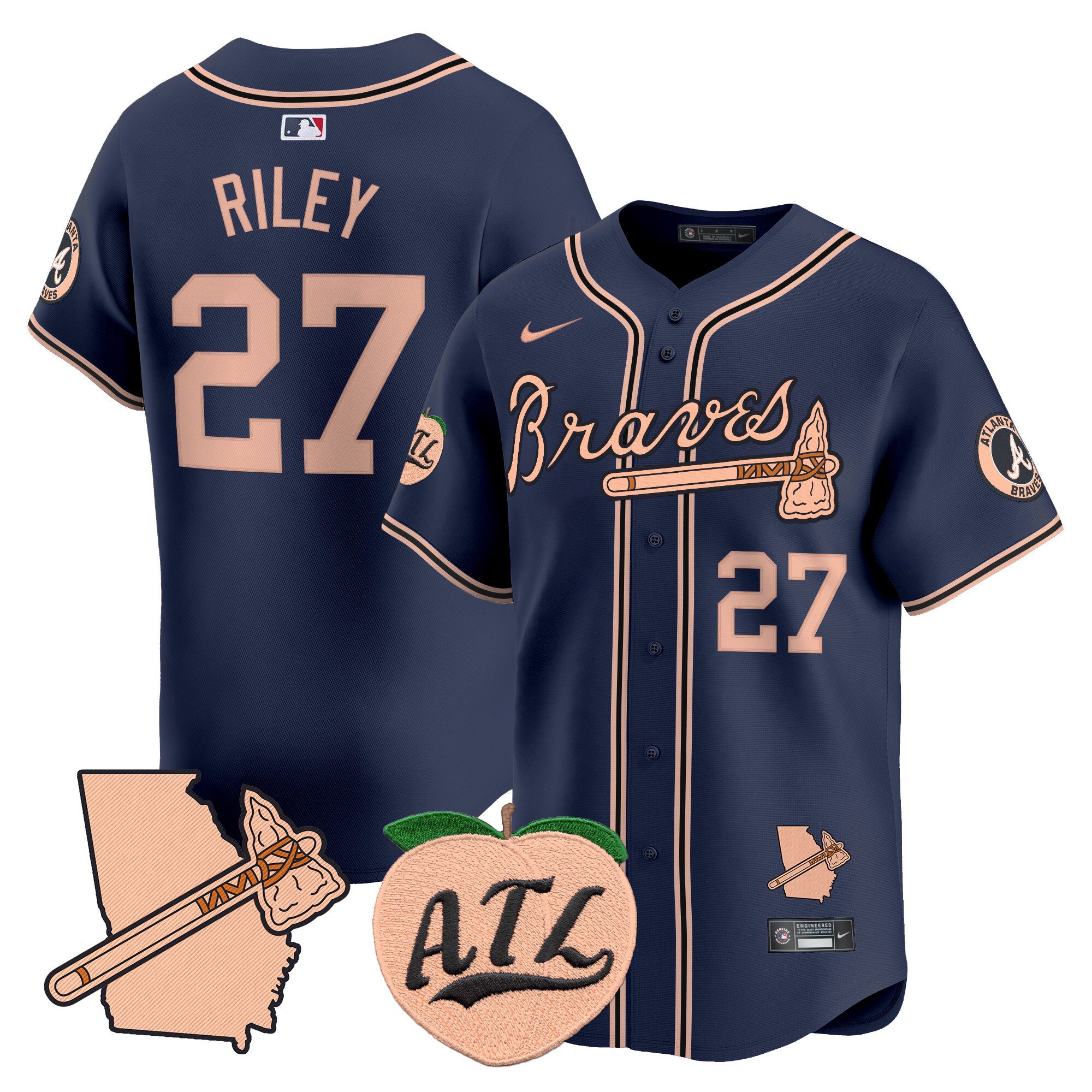 Men's Austin Riley Atlanta Braves Peach Vapor Premier Limited Navy Jersey - All Stitched