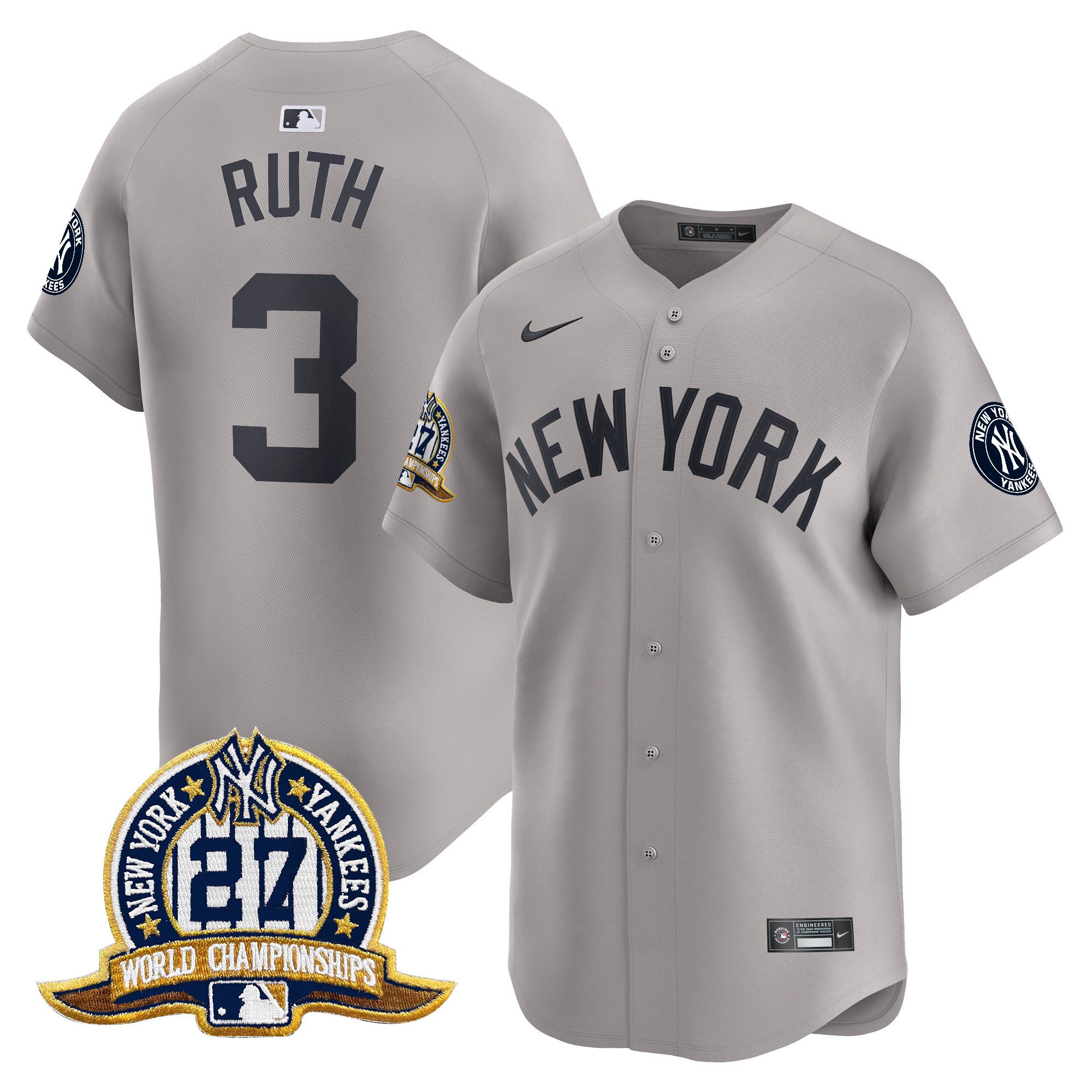 Men's Babe Ruth New York Yankees 27 Time Champions Patch Vapor Premier Limited Gray Jersey - All Stitched