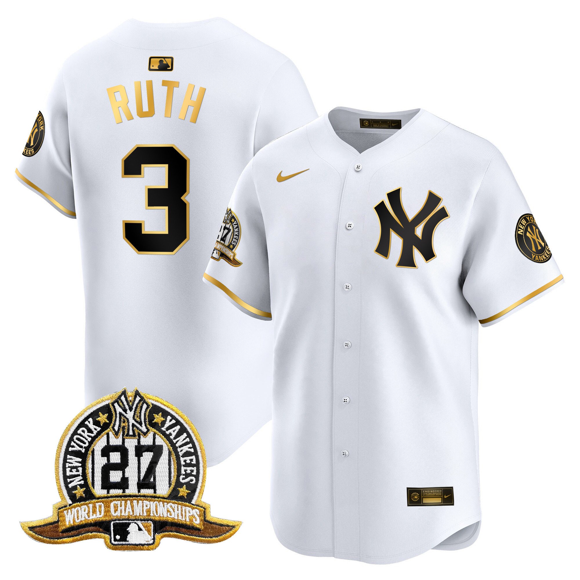 Men's Babe Ruth New York Yankees 27 Time Champions Patch Vapor Premier Limited White Gold Jersey - All Stitched