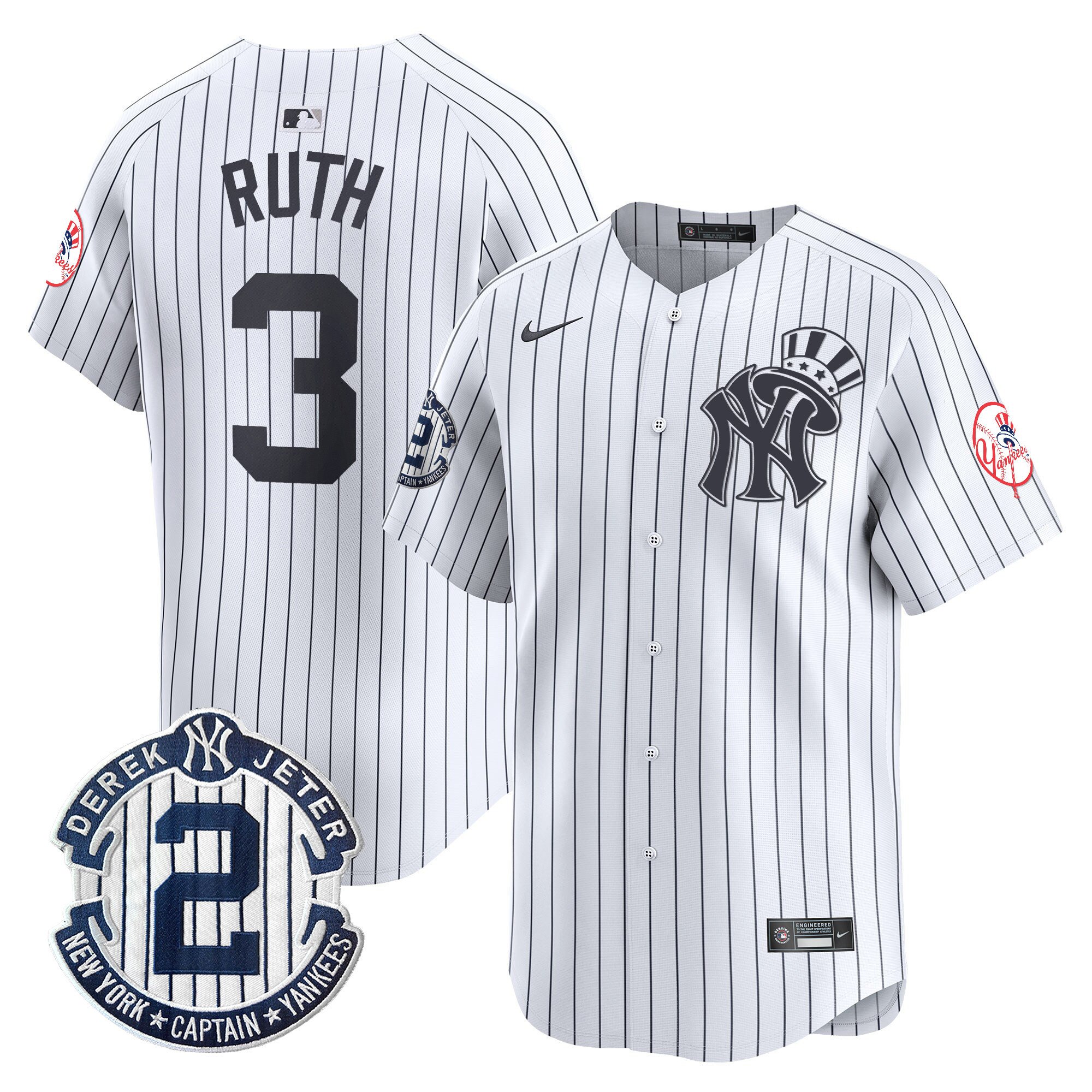 Men's Babe Ruth New York Yankees Derek Jeter Patch Vapor Premier Limited White Jersey V2 - All Stitched