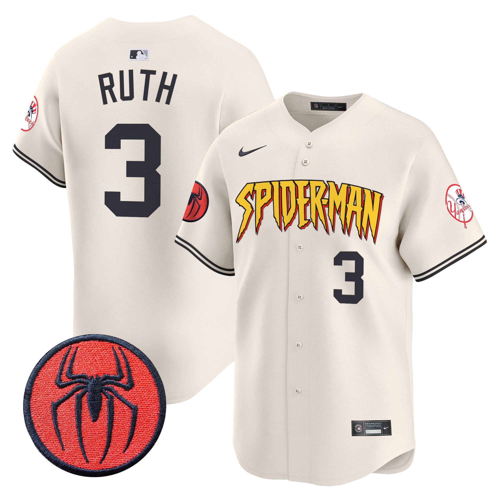 Men's Babe Ruth New York Yankees Spider-Man Vapor Premier Limited Cream Jersey - All Stitched
