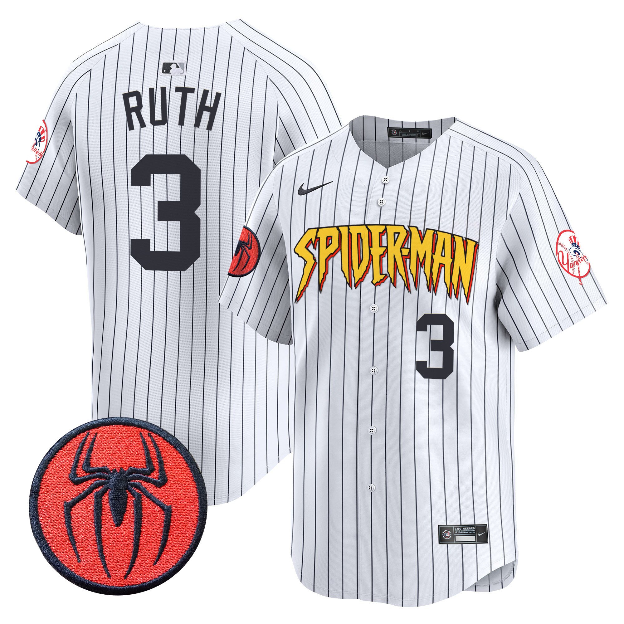 Men's Babe Ruth New York Yankees Spider-Man Vapor Premier Limited Pinstripe Jersey - All Stitched