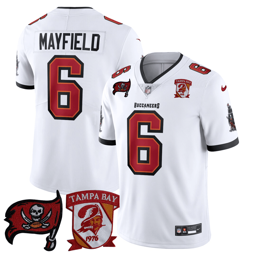 Men's Baker Mayfield Tampa Bay Buccaneers Logo Patch White Jersey - All Stitched