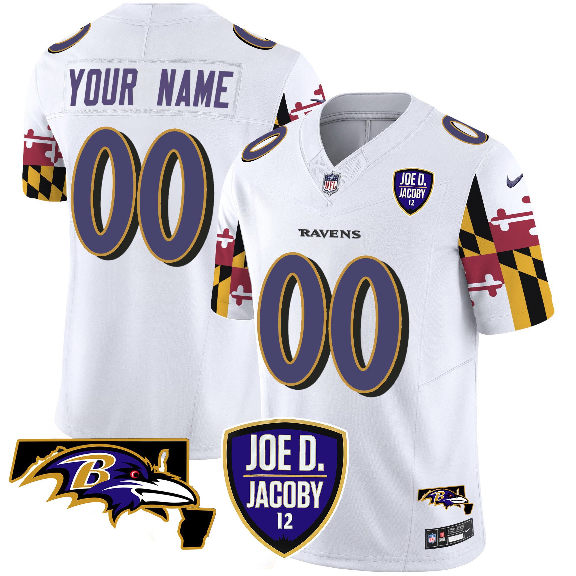 Men's Baltimore Ravens Joe D & Jacoby Patch Vapor Limited Custom White Jersey V2 - All Stitched