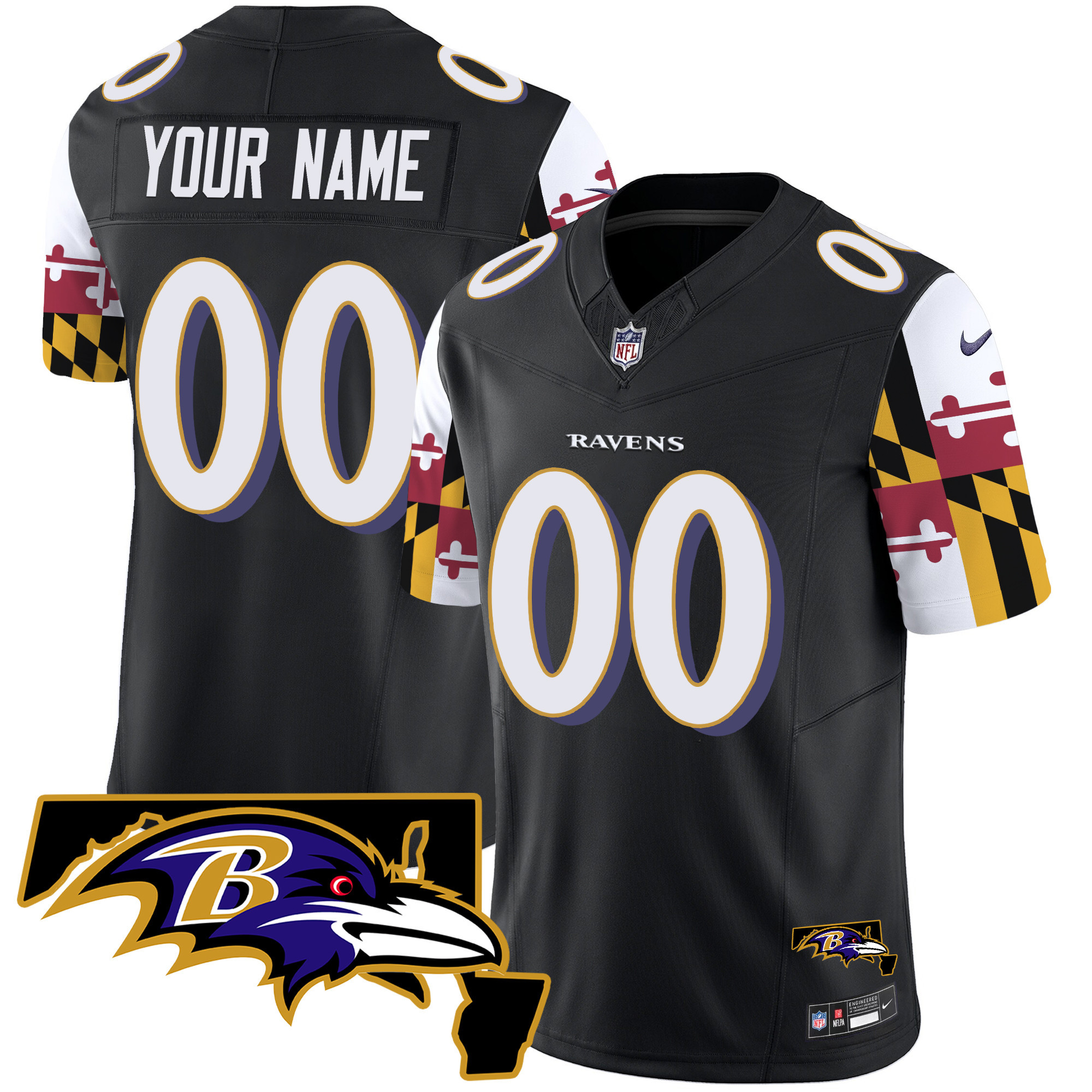 Men's Baltimore Ravens Maryland Flag Vapor Limited Custom Black Jersey V2 - All Stitched