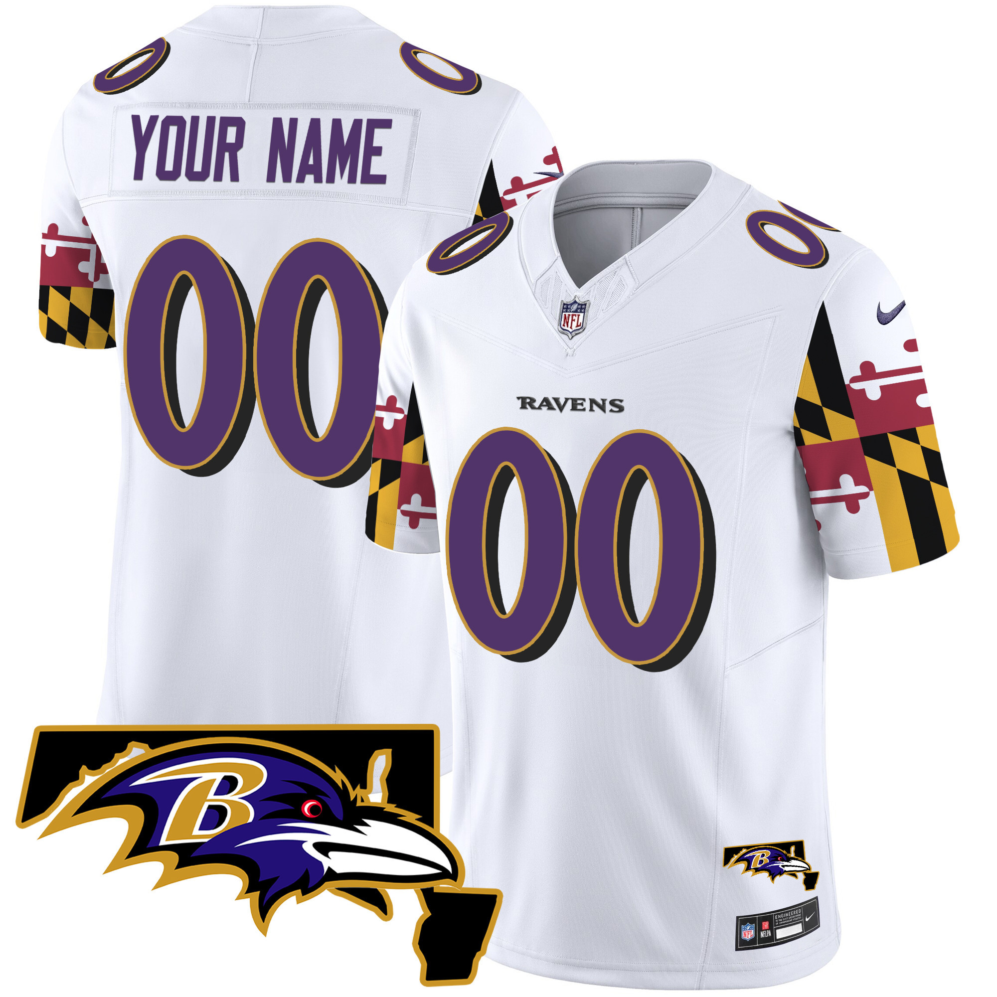 Men's Baltimore Ravens Maryland Flag Vapor Limited Custom White Jersey V2 - All Stitched