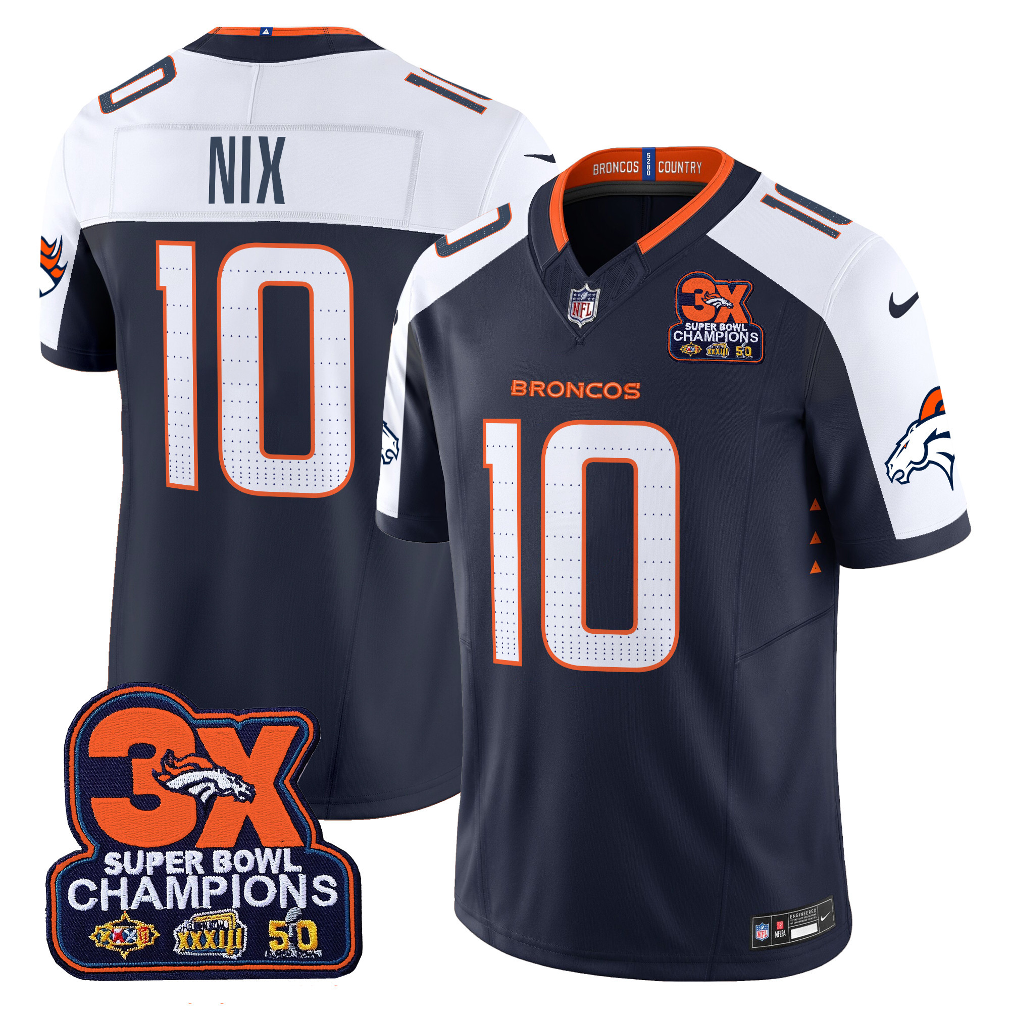 Men's Bo Nix Denver Broncos 3-Time Champions Patch Vapor Limited Navy Alternate Jersey - All Stitched