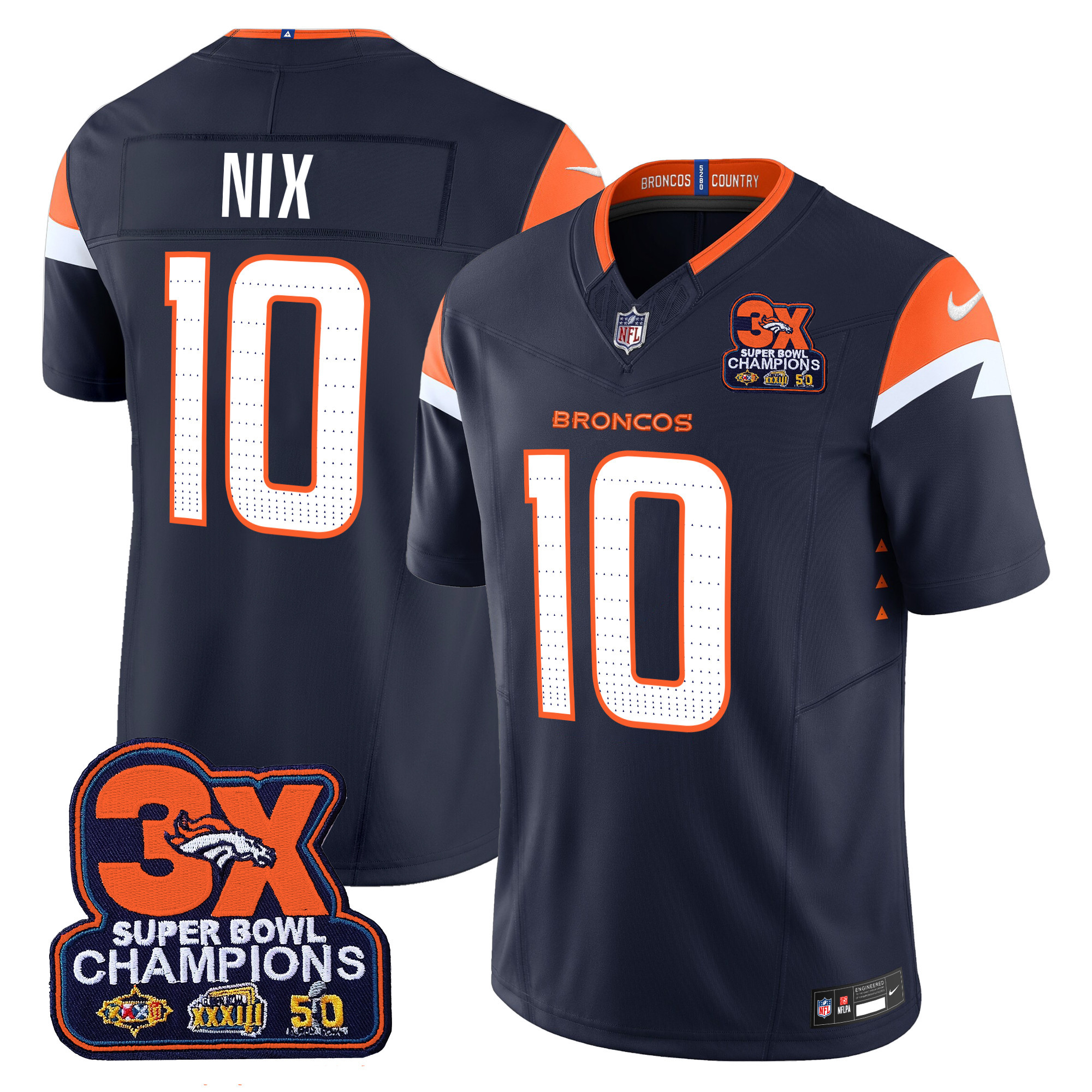 Men's Bo Nix Denver Broncos 3-Time Champions Patch Vapor Limited Navy Jersey - All Stitched