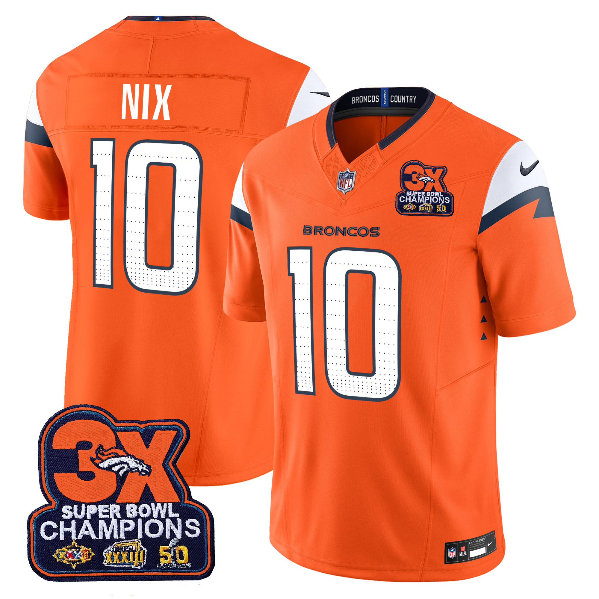 Men's Bo Nix Denver Broncos 3-Time Champions Patch Vapor Limited Orange Jersey - All Stitched