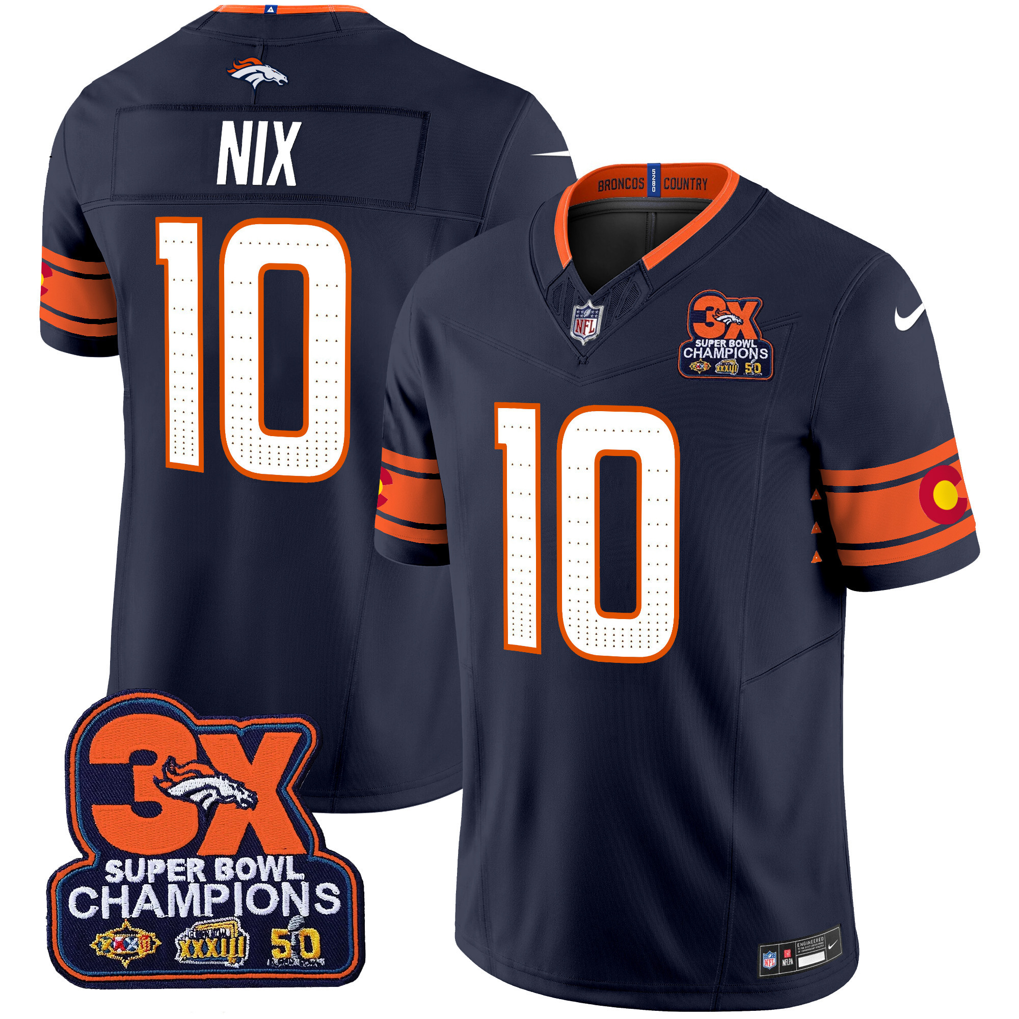 Men's Bo Nix Denver Broncos 3x Patch "Colorado Flag" Vapor Limited Navy Jersey - All Stitched