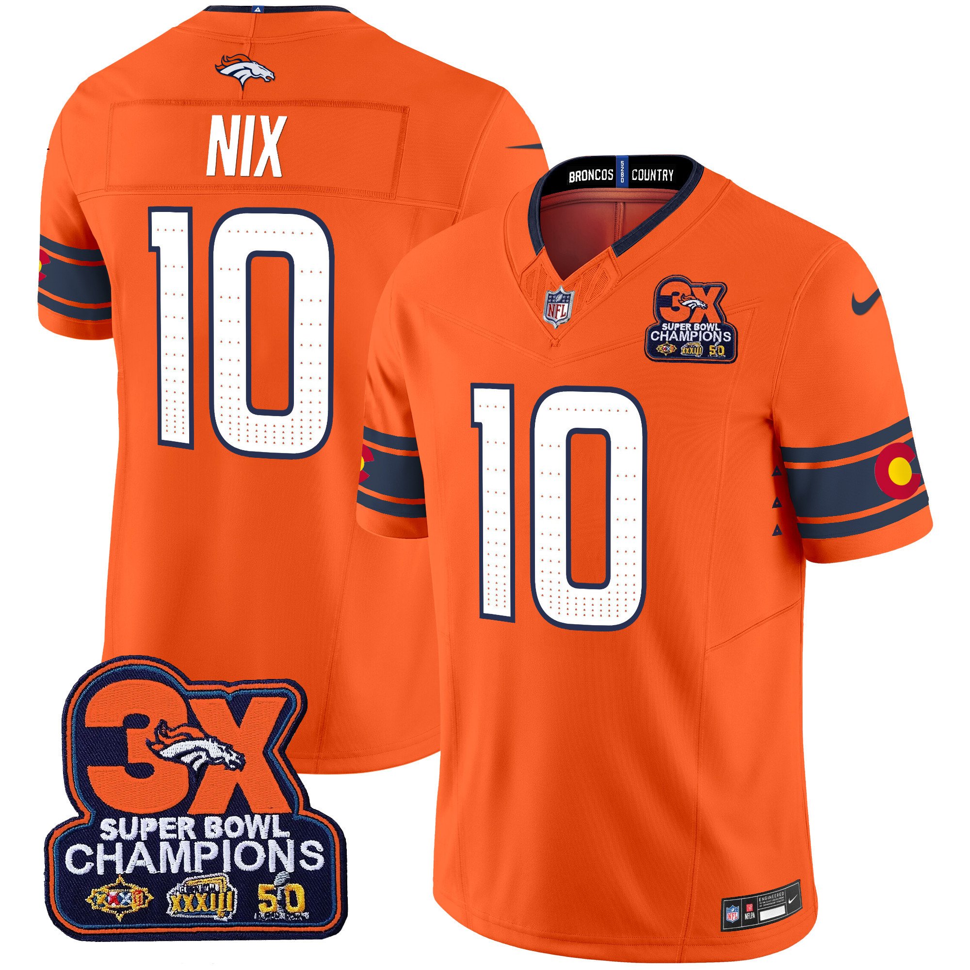 Men's Bo Nix Denver Broncos 3x Patch "Colorado Flag" Vapor Limited Orange Jersey - All Stitched